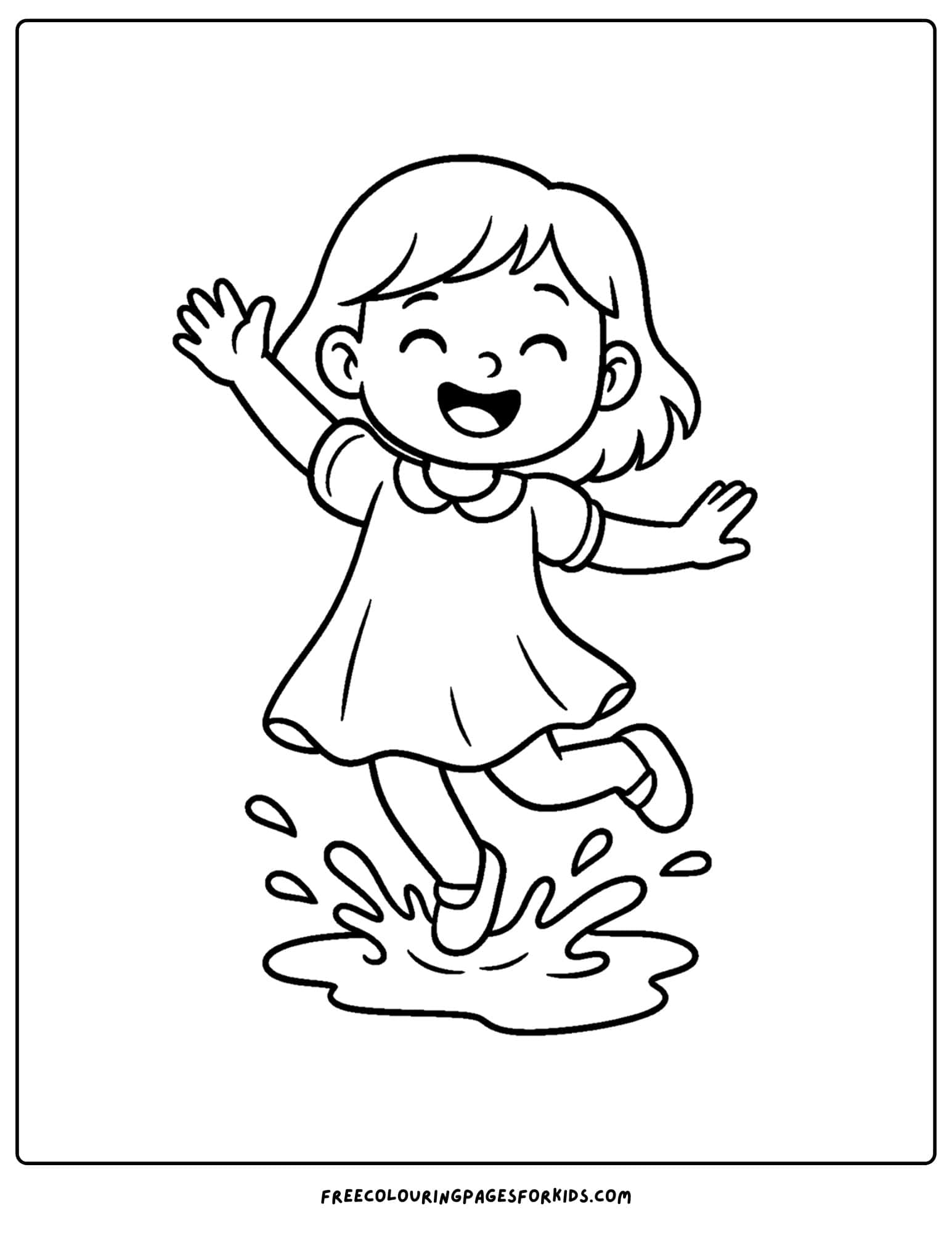 a girl splashing in puddles wearing a dress coloring page