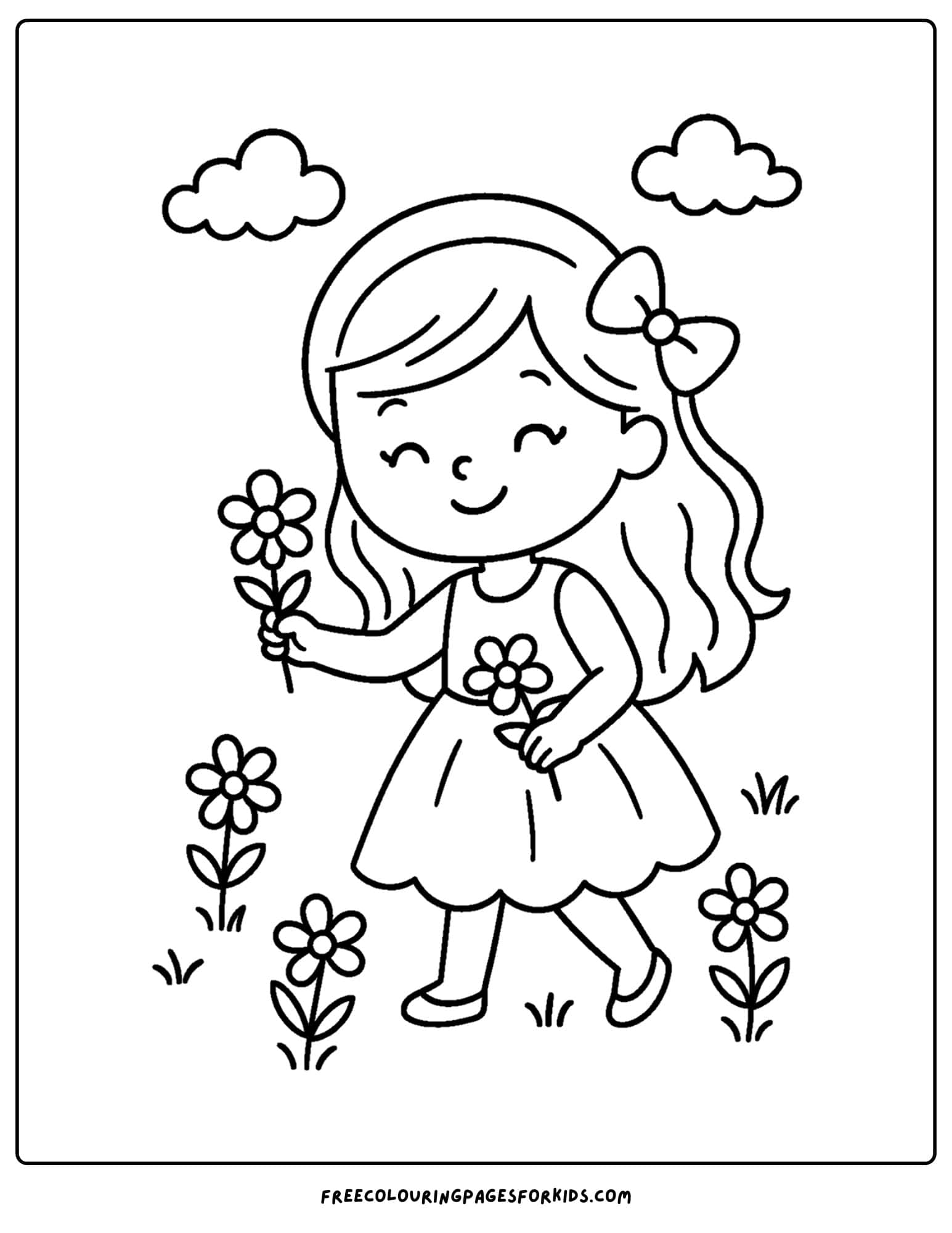 a girl picking flowers in a dress coloring page