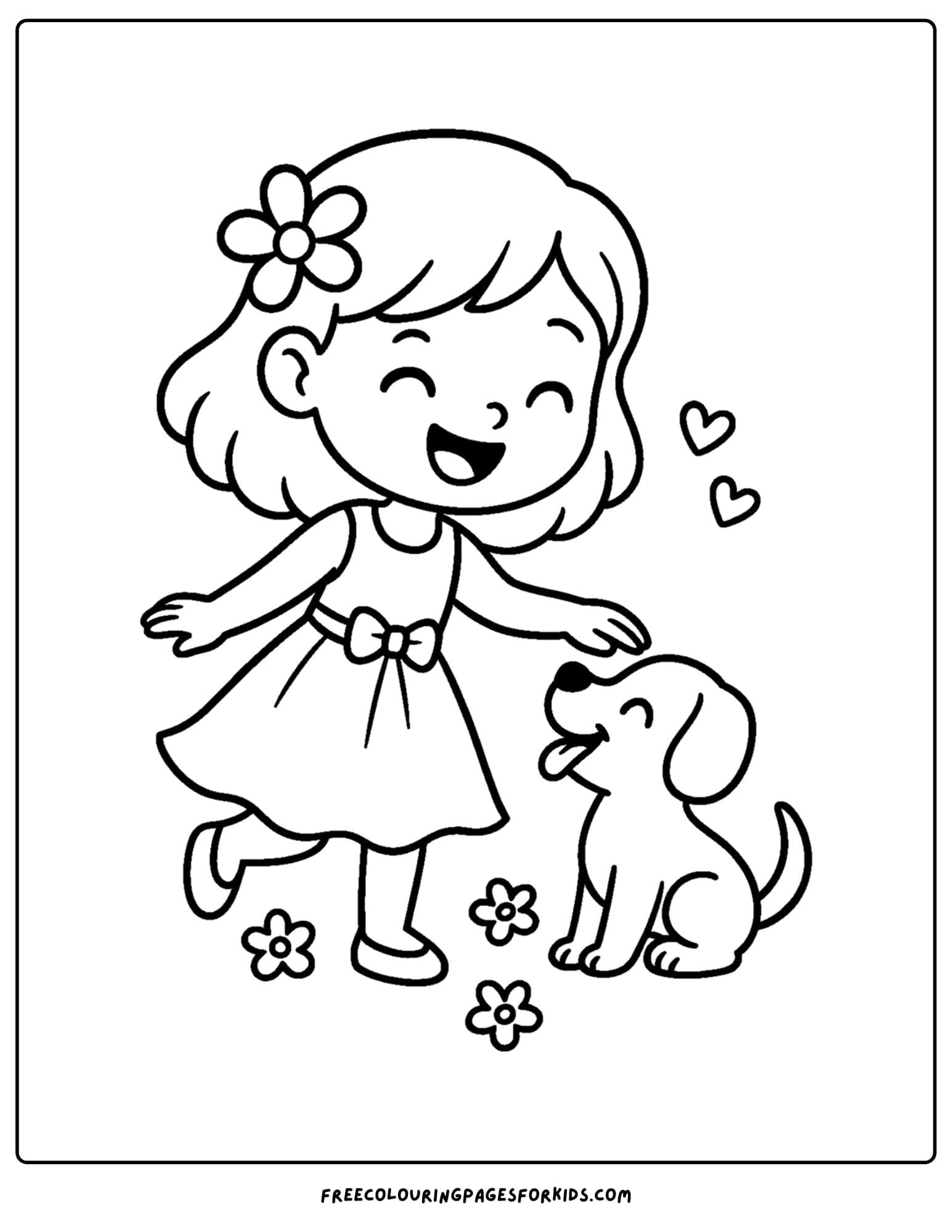 a girl in a dress playing with a dog coloring page