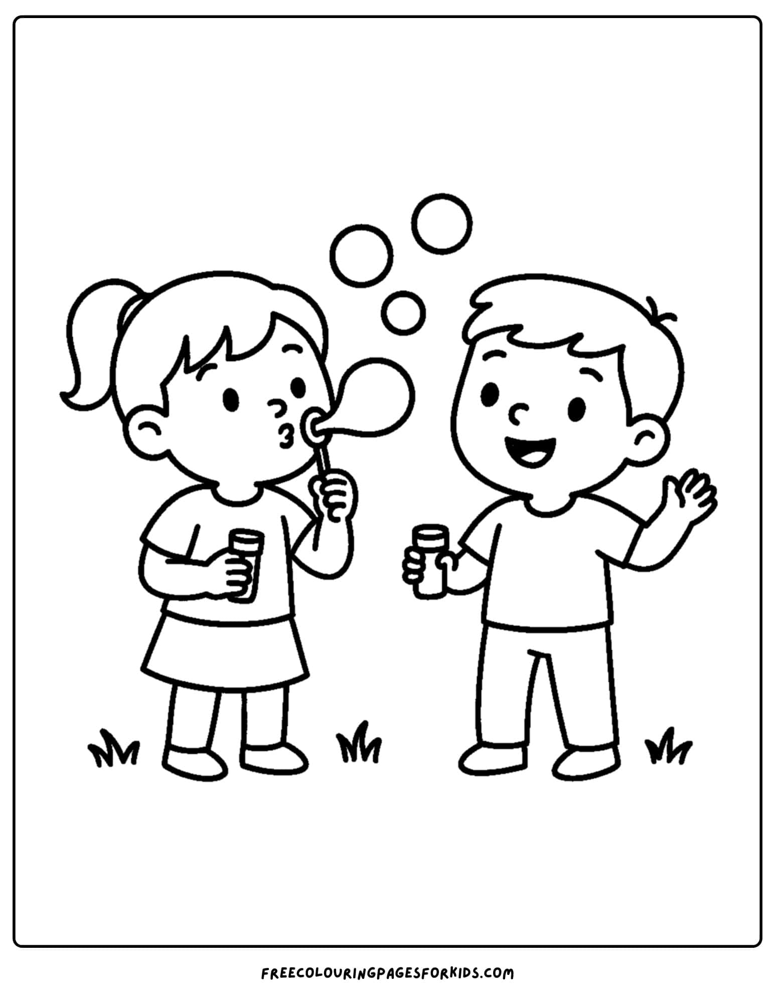 an easy to color image of children blowing bubbles
