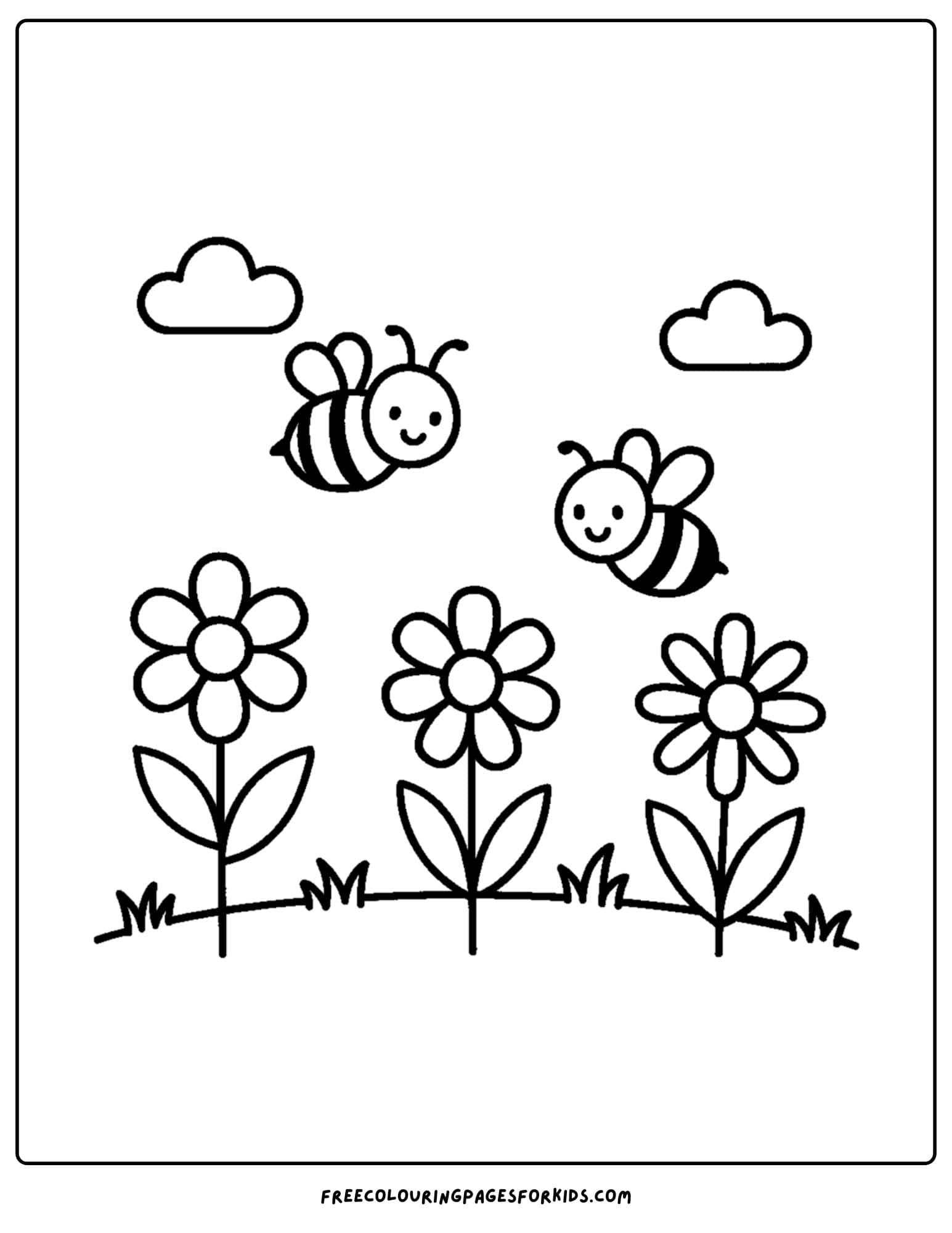 an easy to color image of bees buzzing around flowers