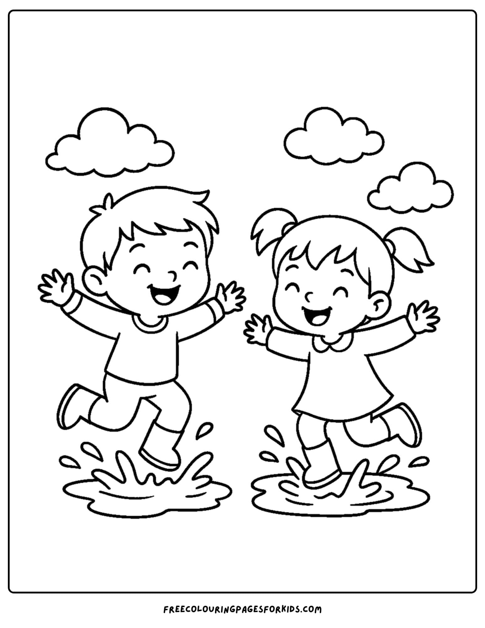 an easy to color image of kids jumping in puddles
