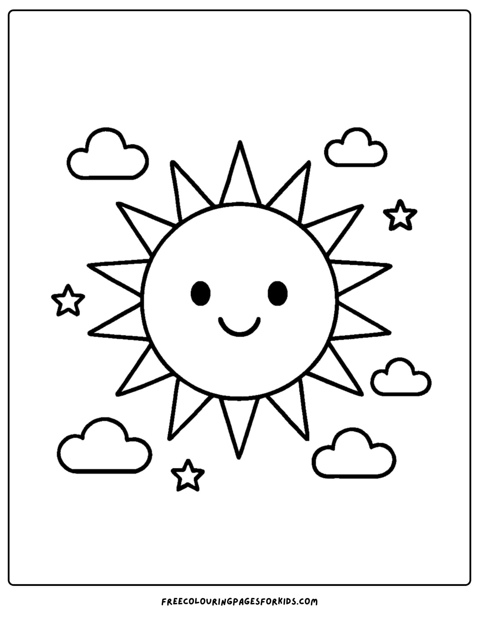 an easy to color smiling sun and clouds