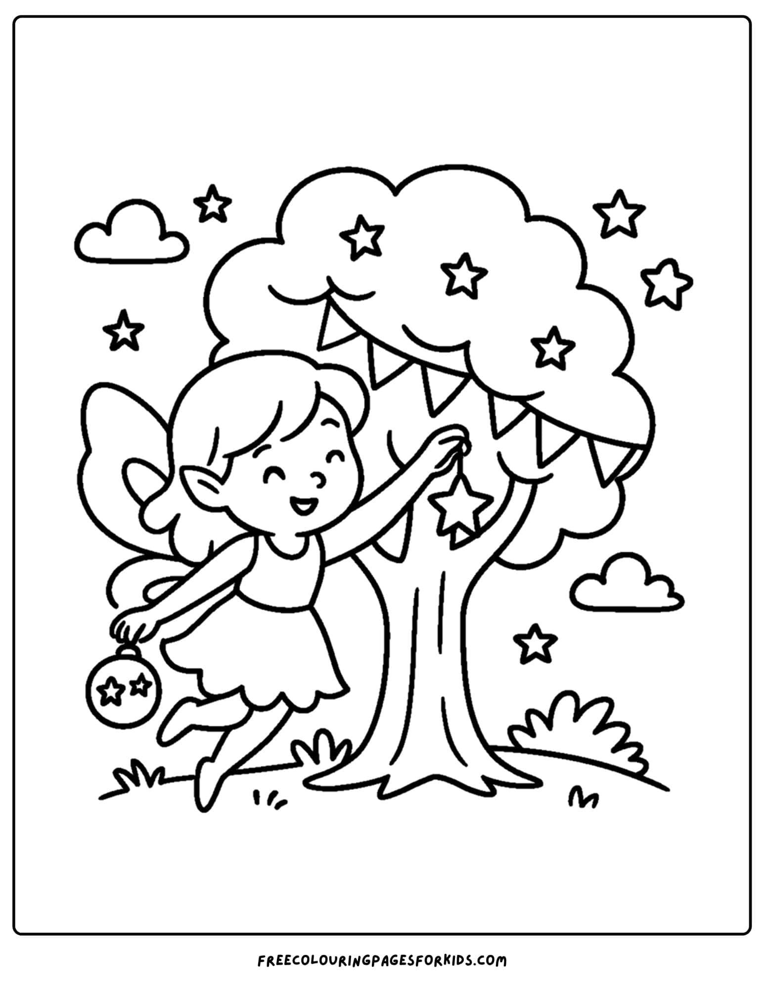 a fairy hanging decorations in a tree