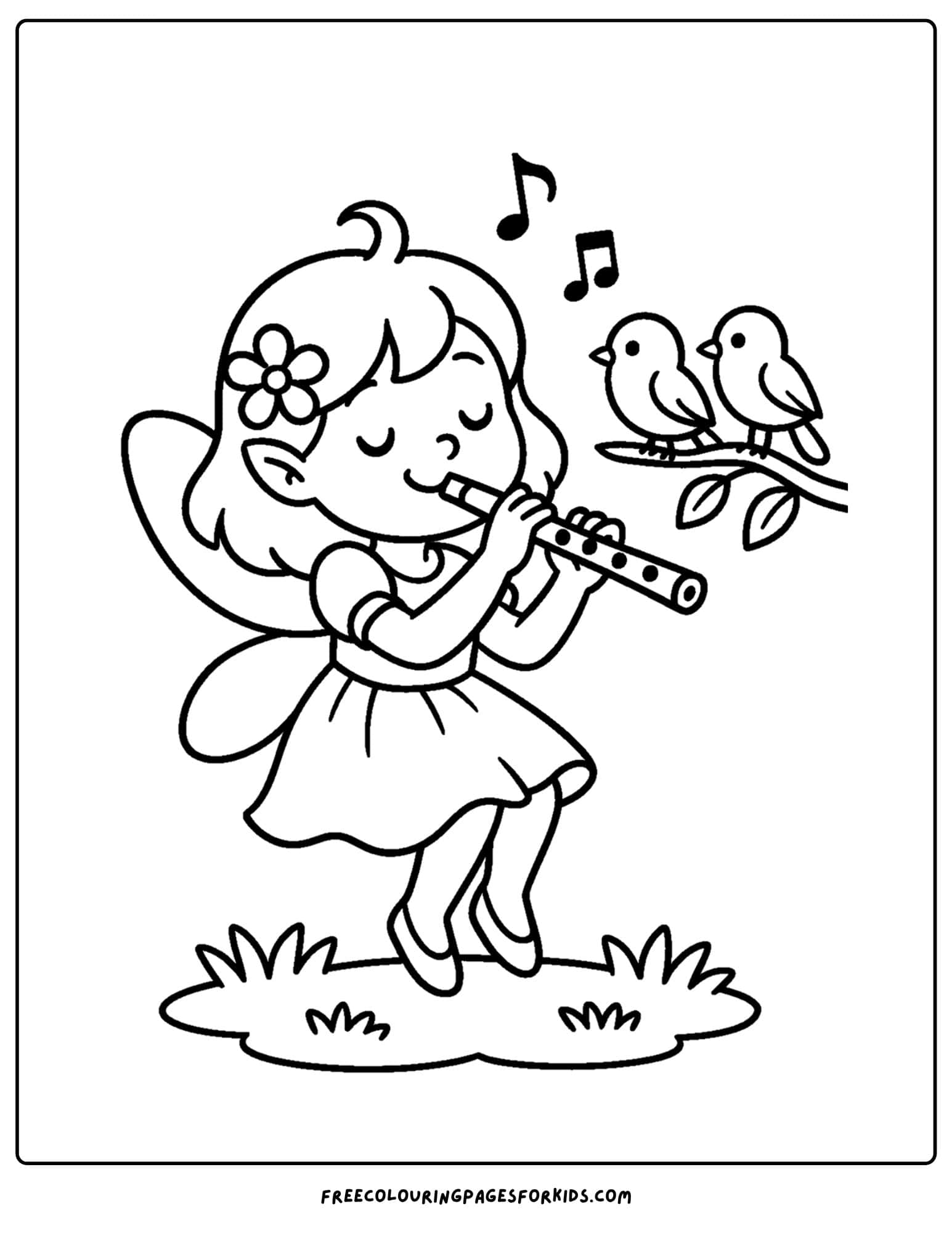 a fairy playing a flute to birds