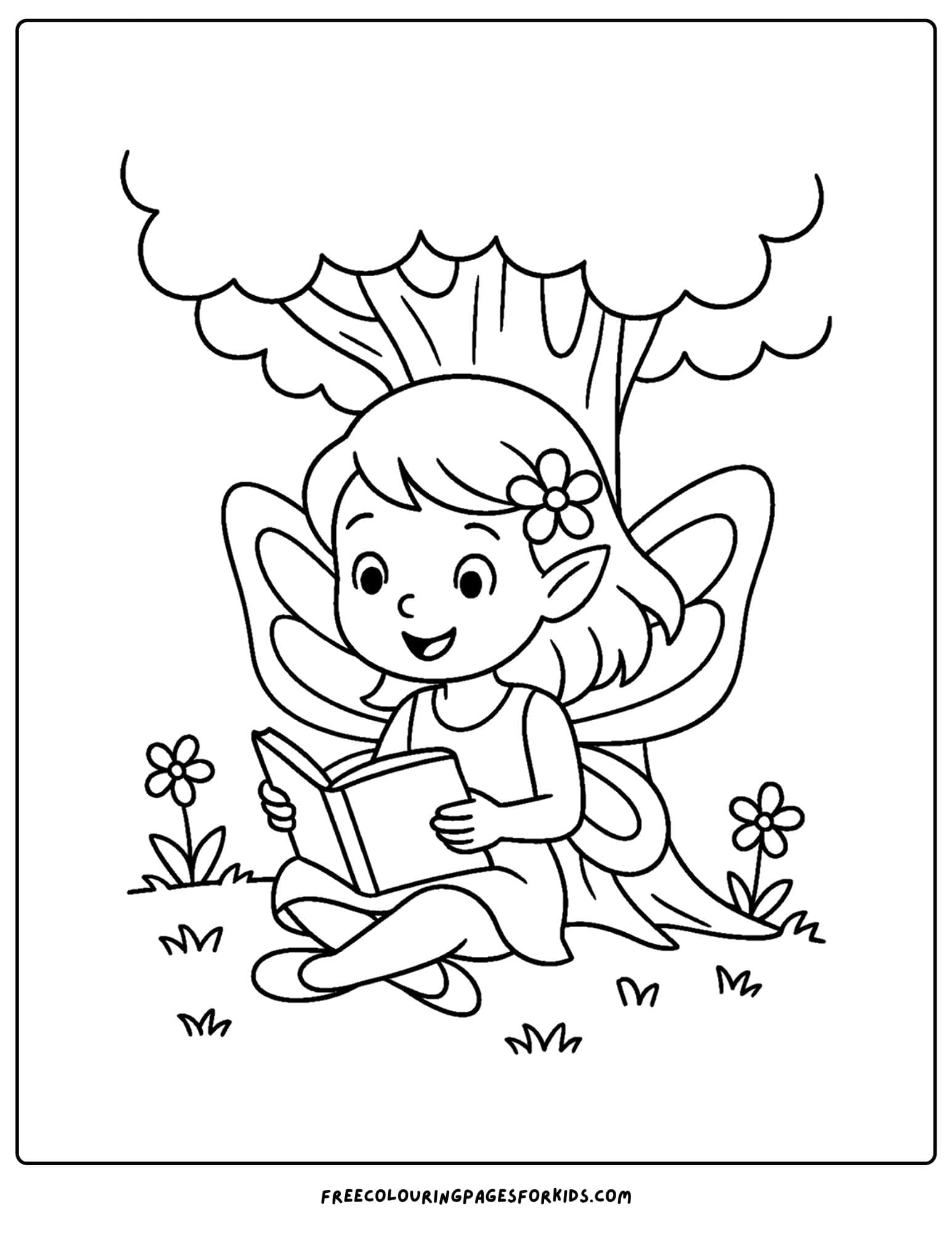 a fairy reading a book under a tree