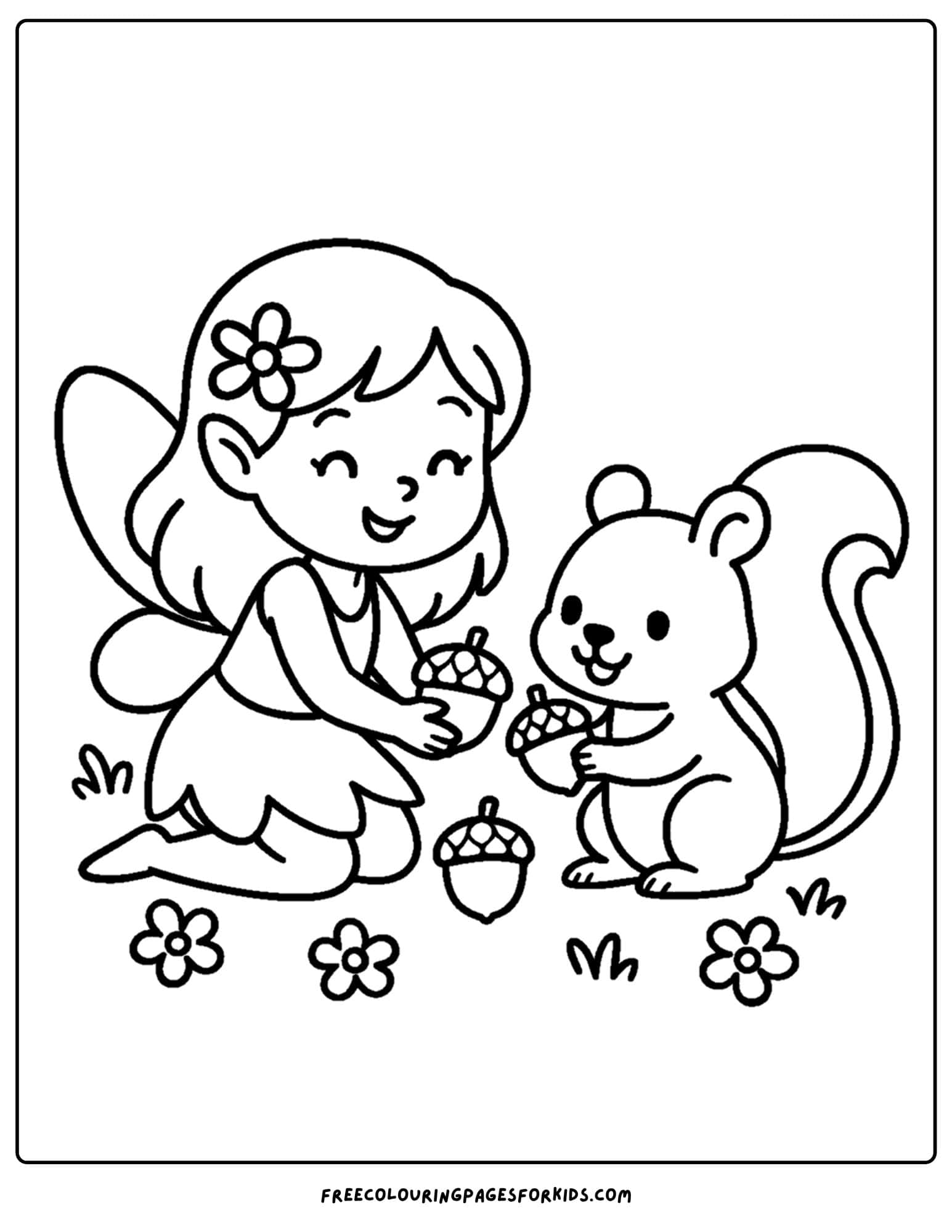a fairy sharing acorns with a squirrel