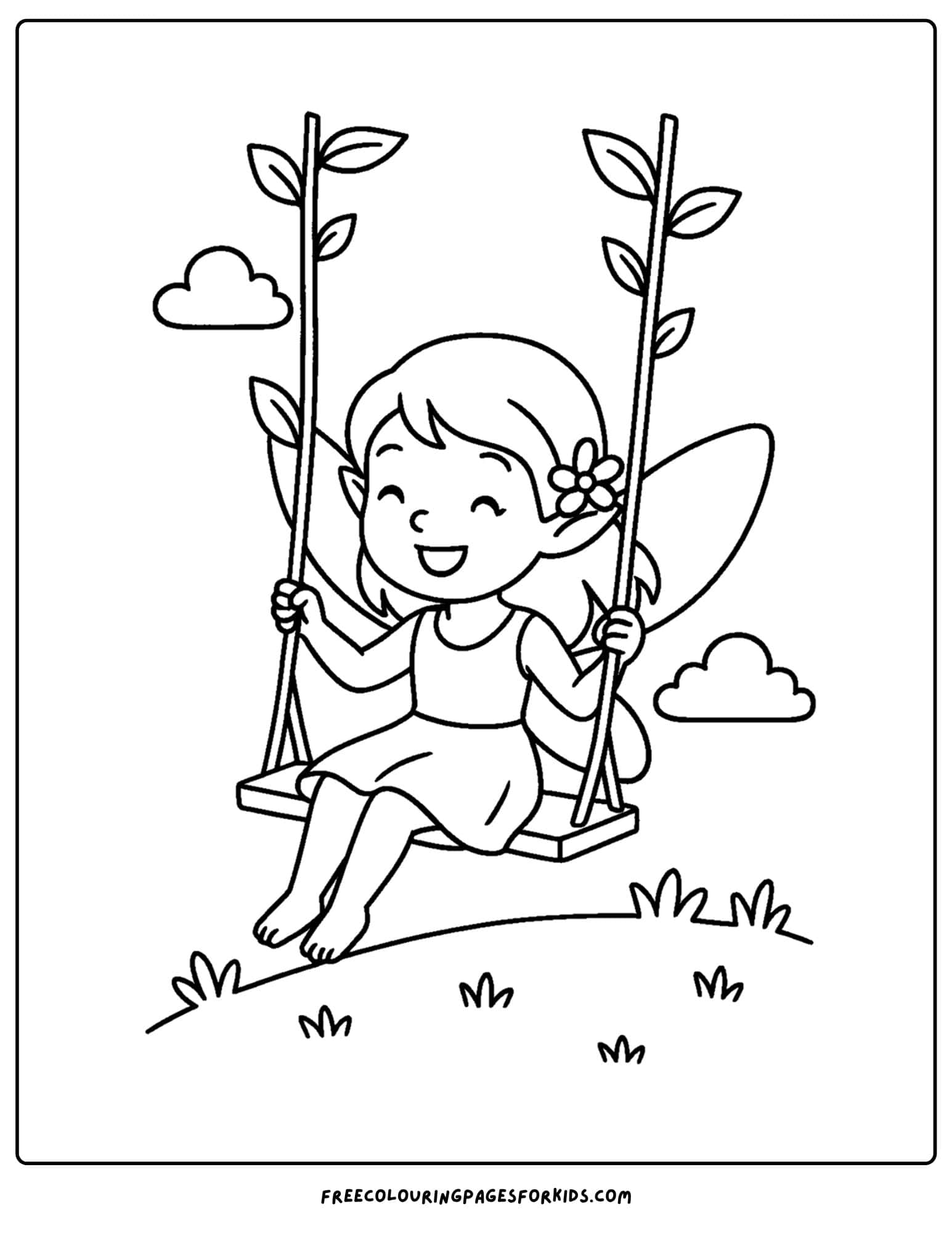 a fairy swinging on a vine swing