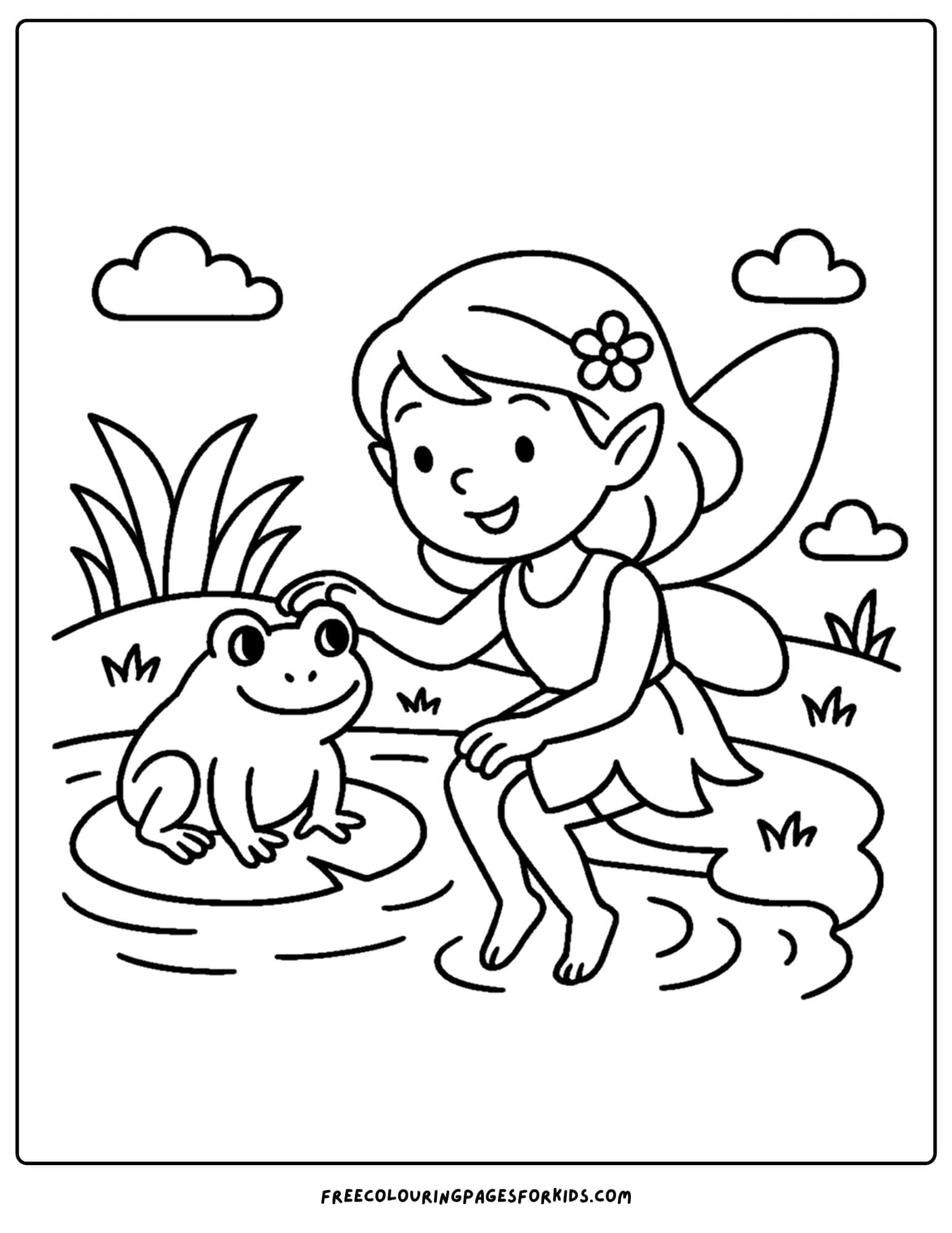 a fairy with a frog by a pond