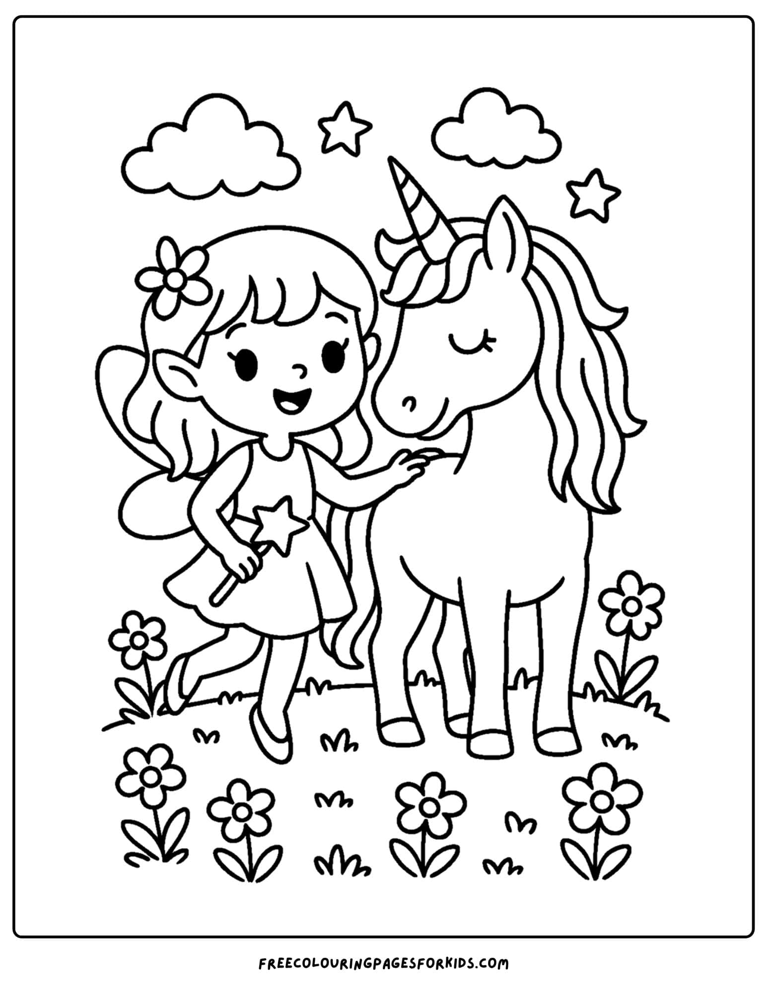 a fairy with a unicorn in a field