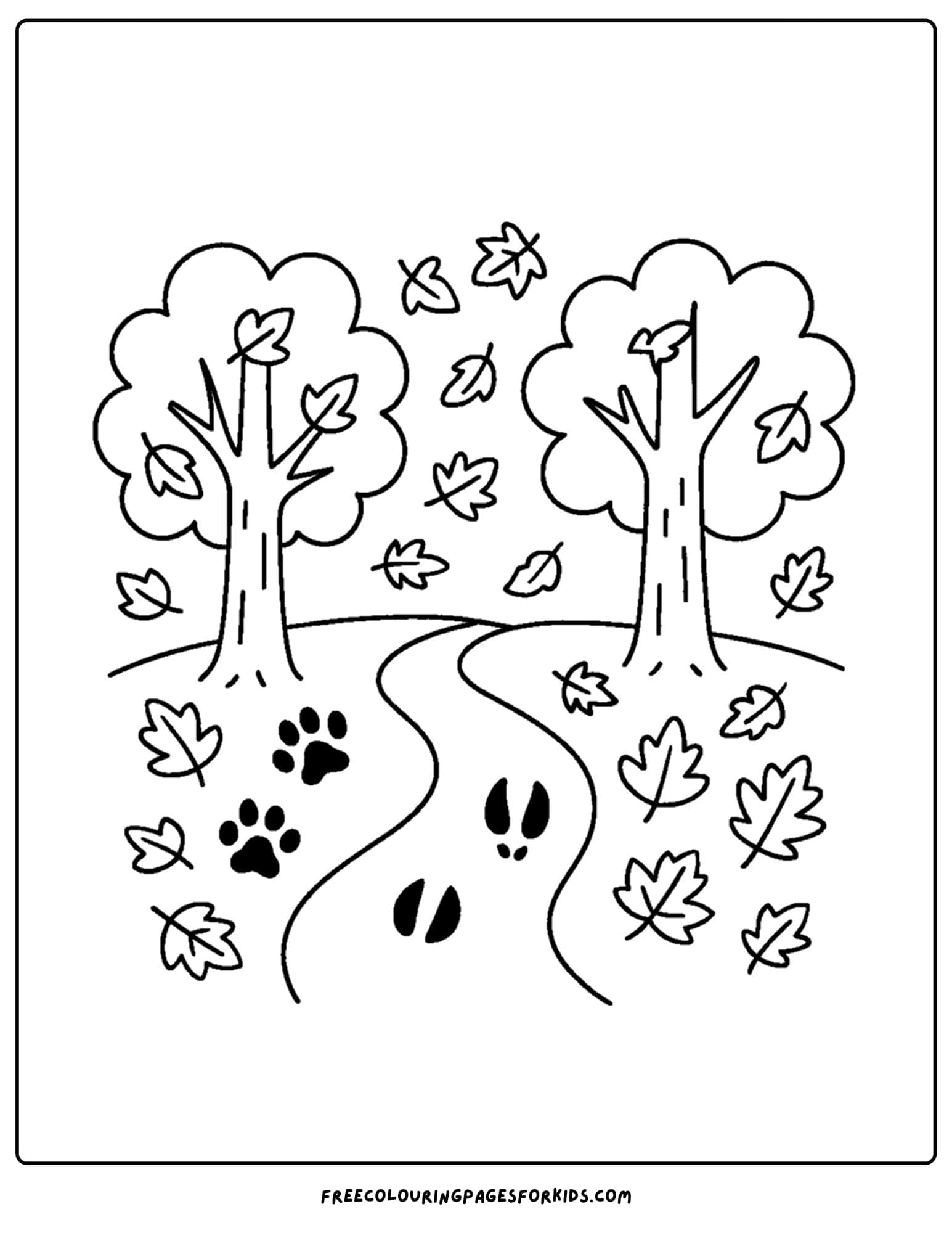 fall coloring page of animal tracks in the forest