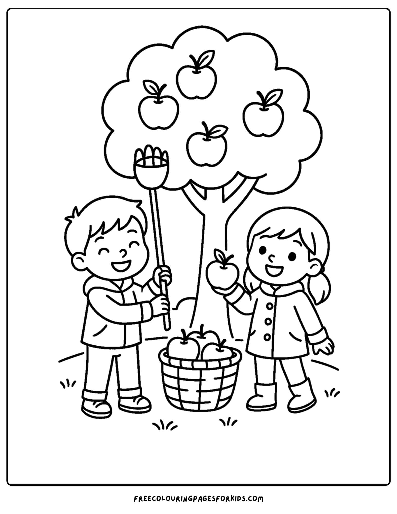fall coloring page of kids picking apples from a tree