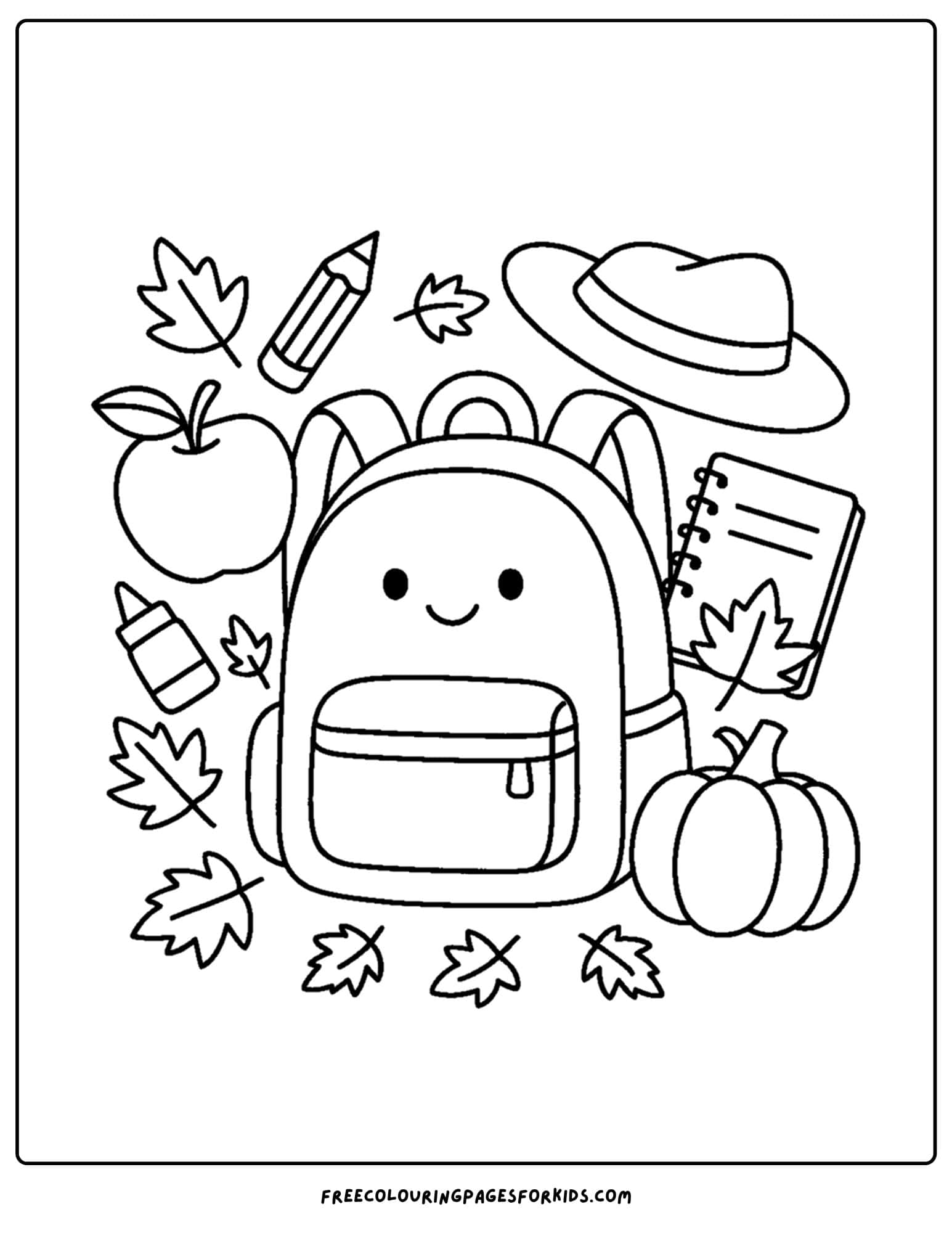 fall coloring page of a backpack and supplies