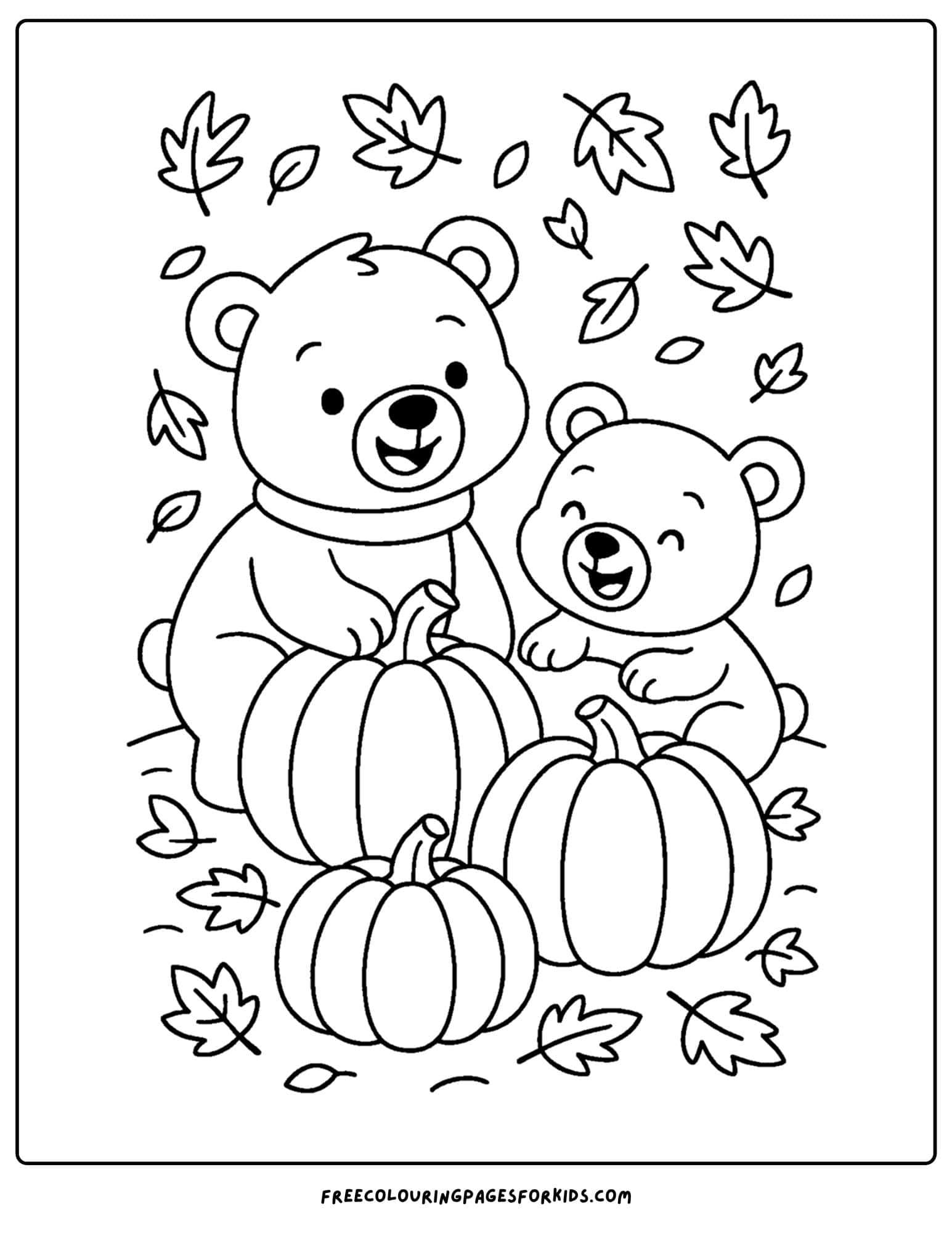 fall coloring page of a bear cubs with pumpkins