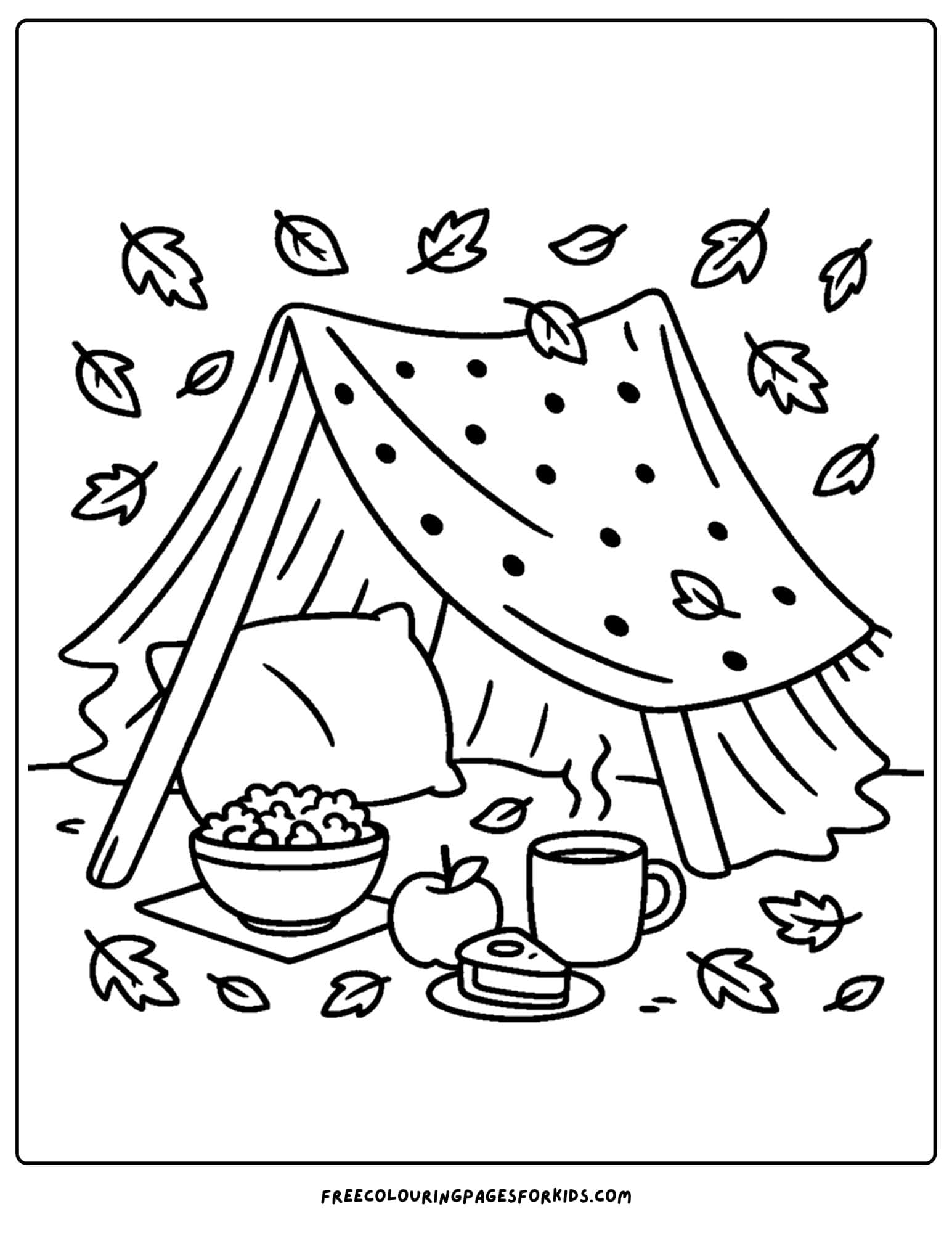 fall coloring page of a blanket fort outside with snacks