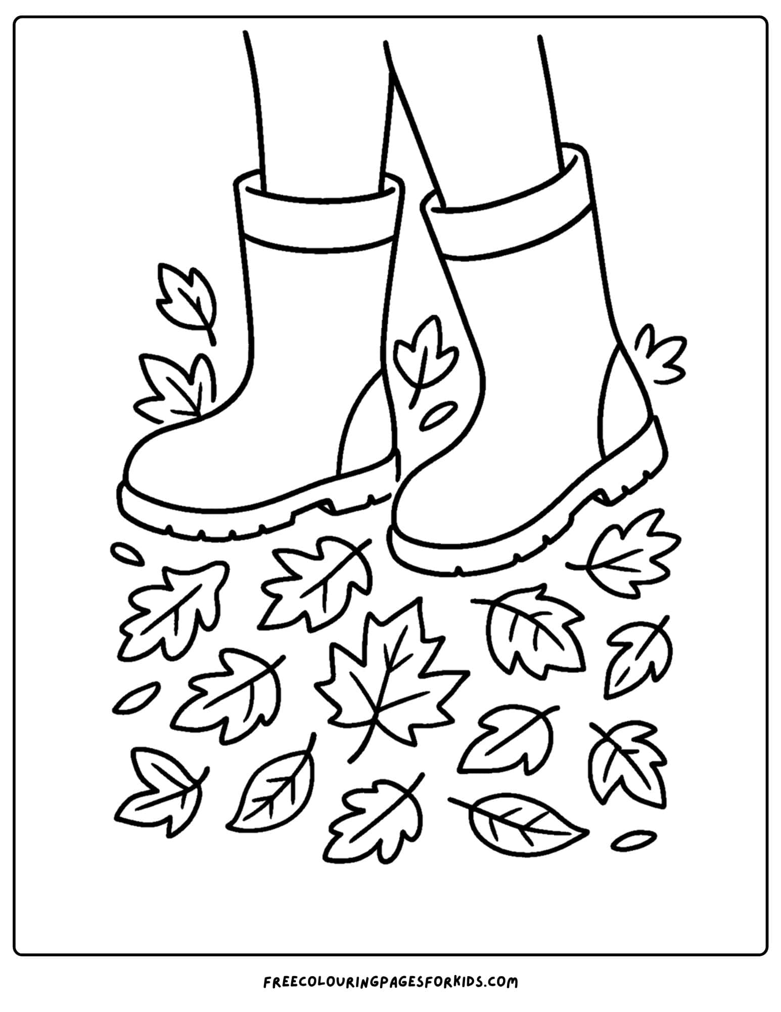 fall coloring page of a pair of boots crunching leaves