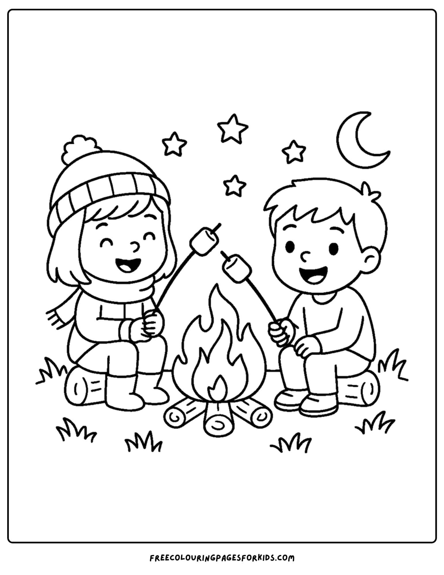 fall coloring page of a campfire with kids toasting marshmallows