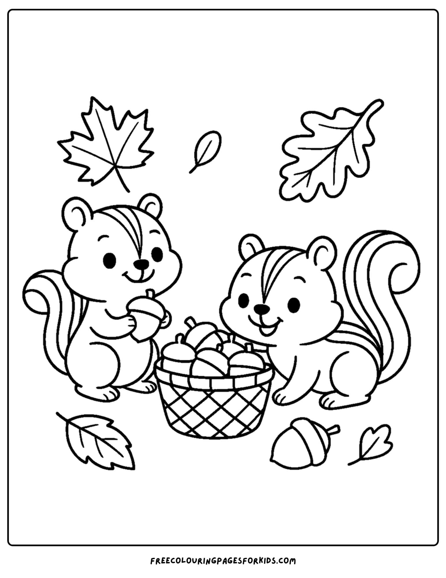 fall coloring page of chipmunks gathering acorns