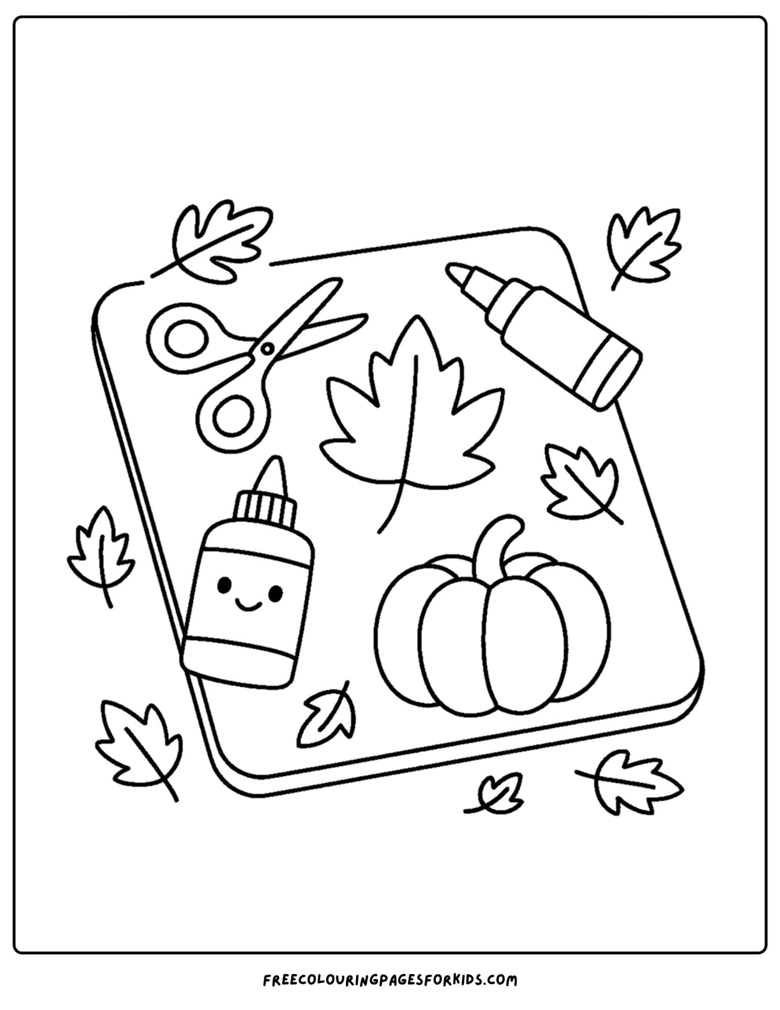 fall coloring page of craft items such as glue, scissors and pens