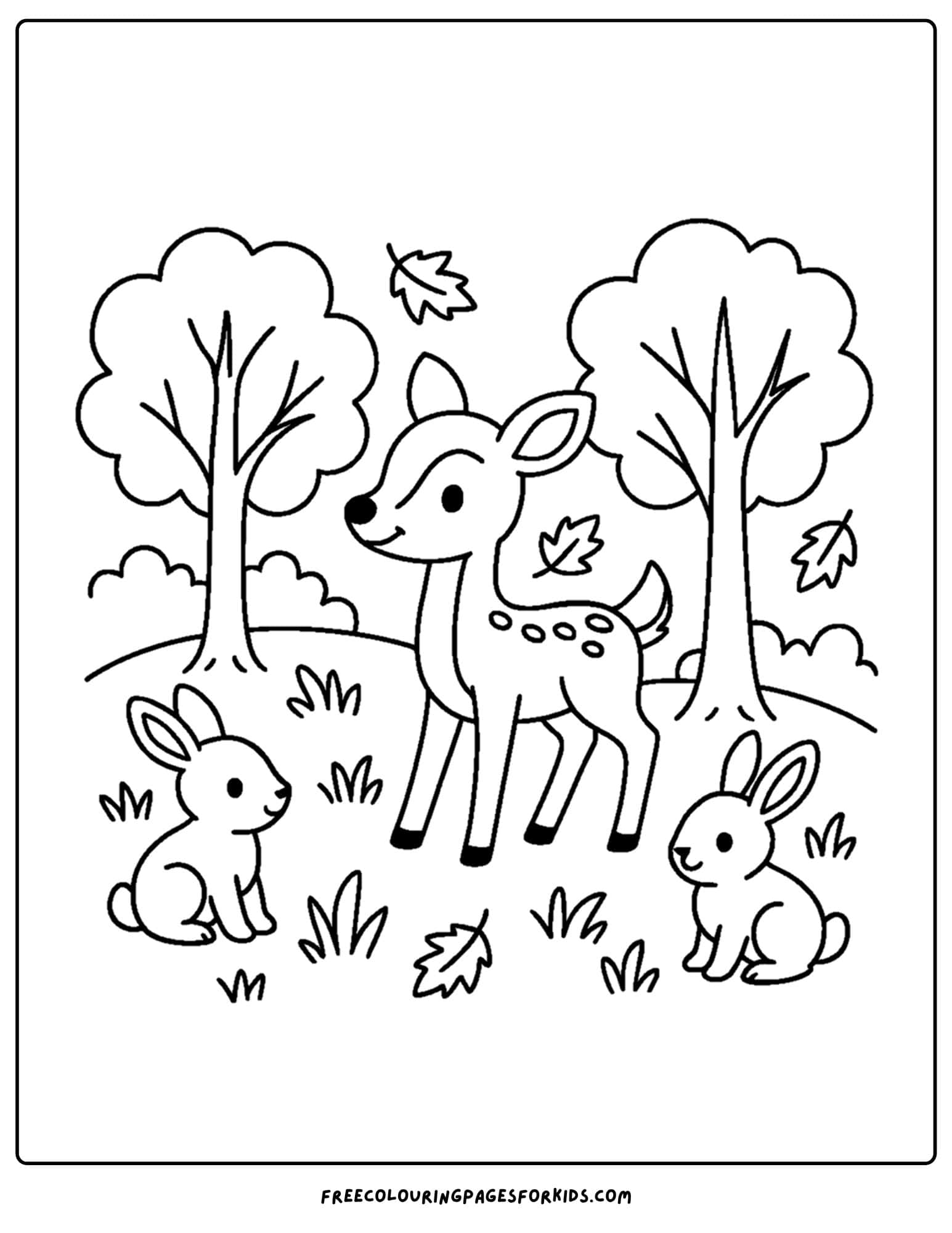 fall coloring page of a deer and rabbits in a field