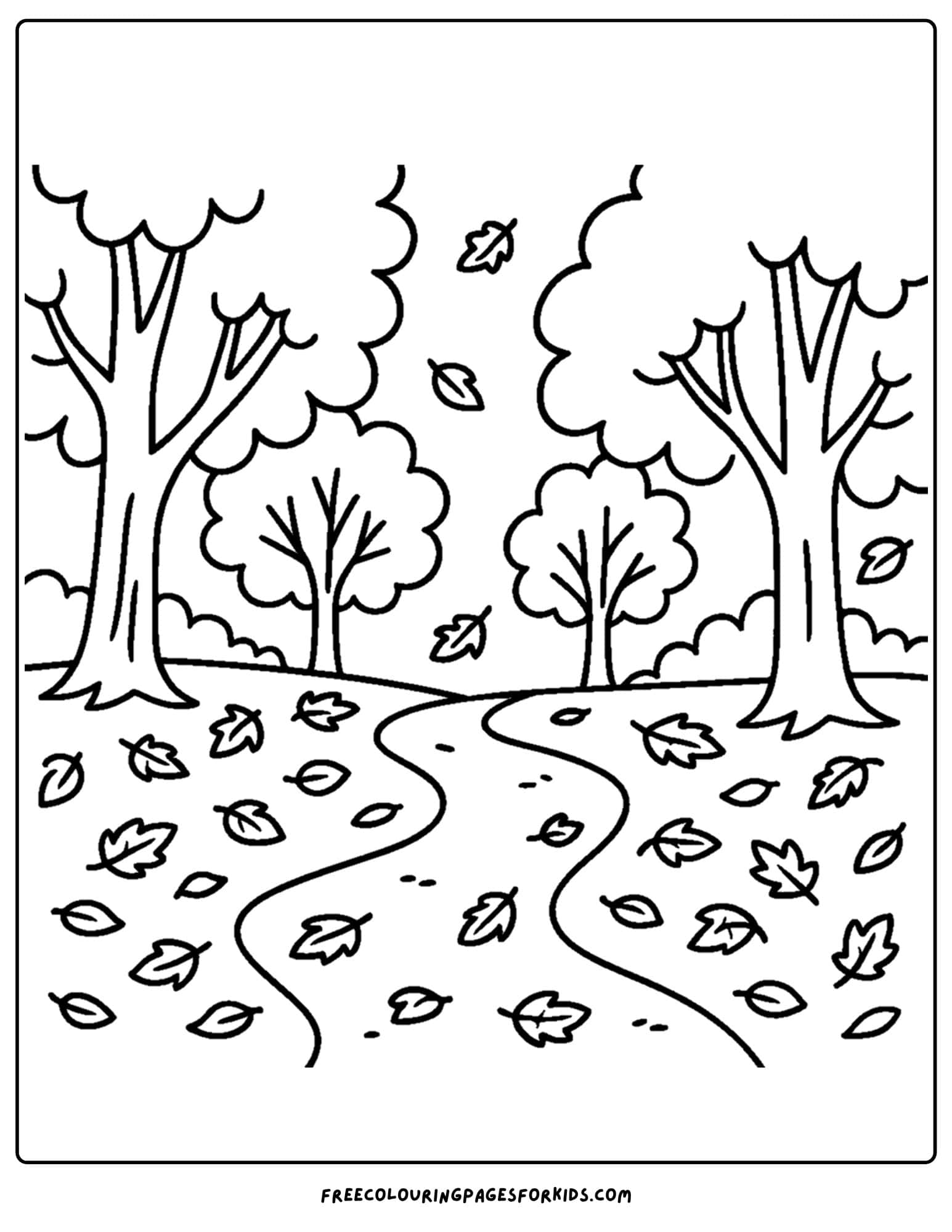 fall coloring page of a path covered in leaves