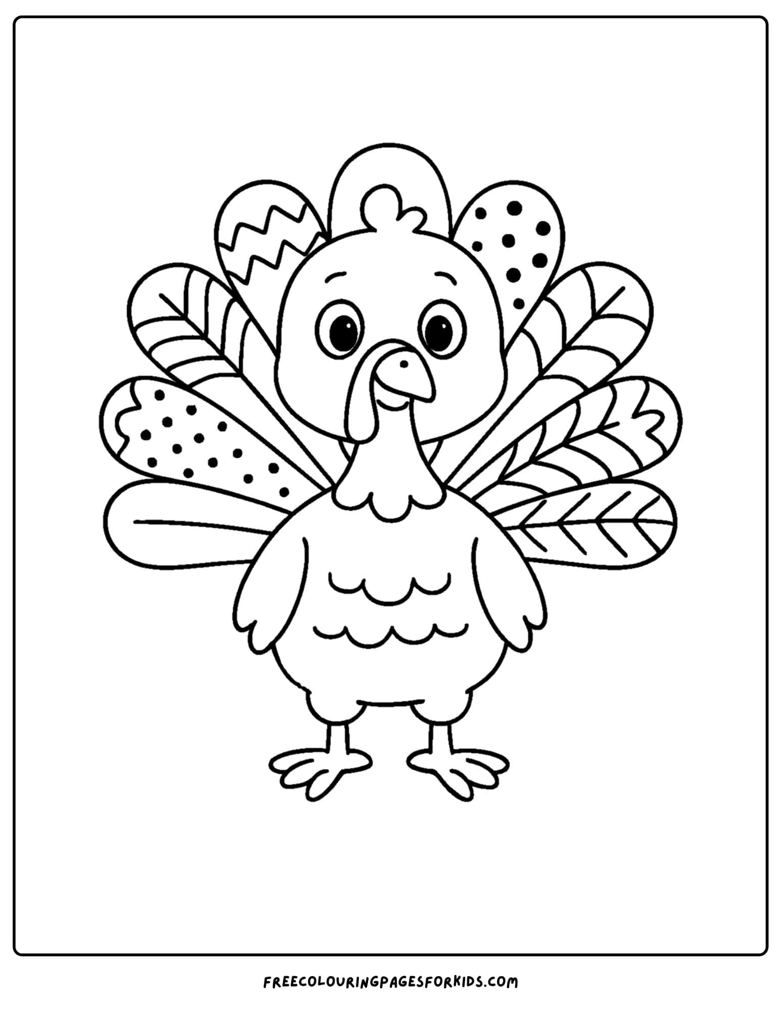 fall coloring page of a friendly turkey