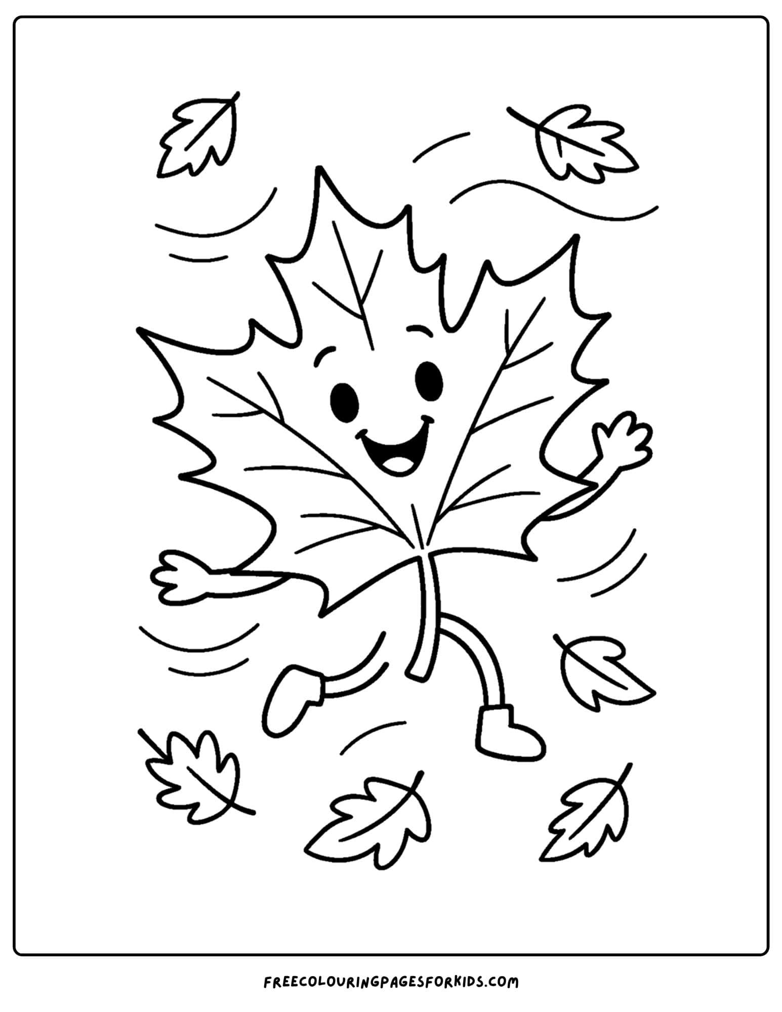 fall coloring page of a huge maple leaf with a face
