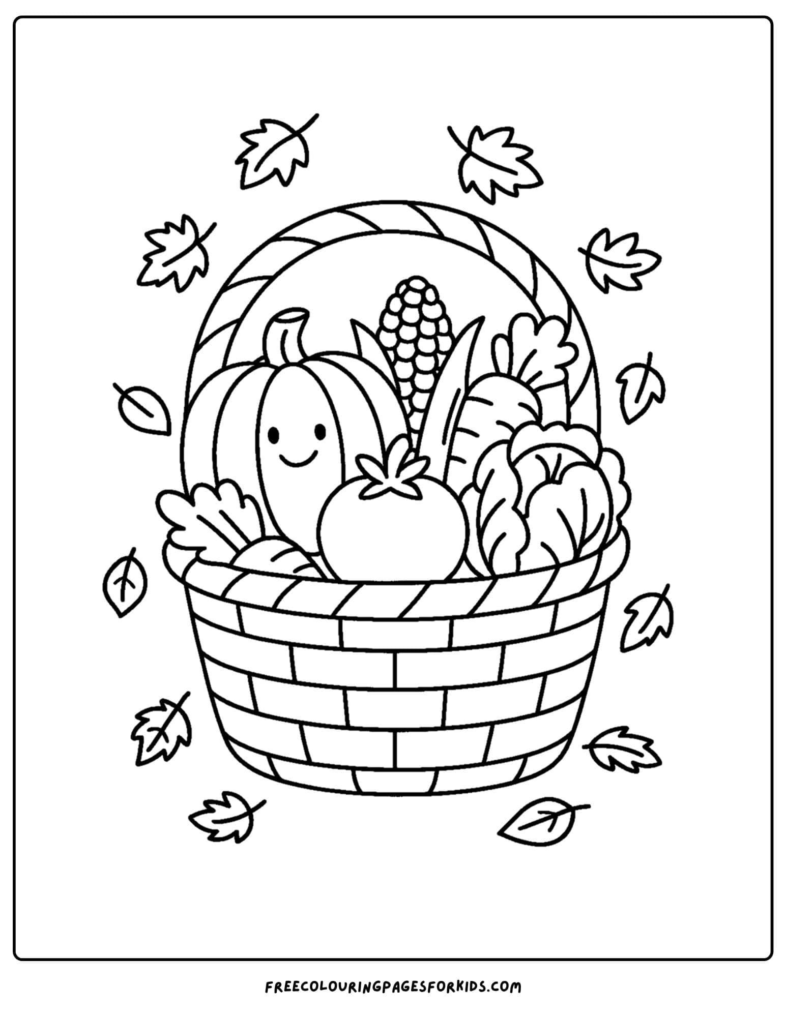 fall coloring page of a basket of harvest vegetables