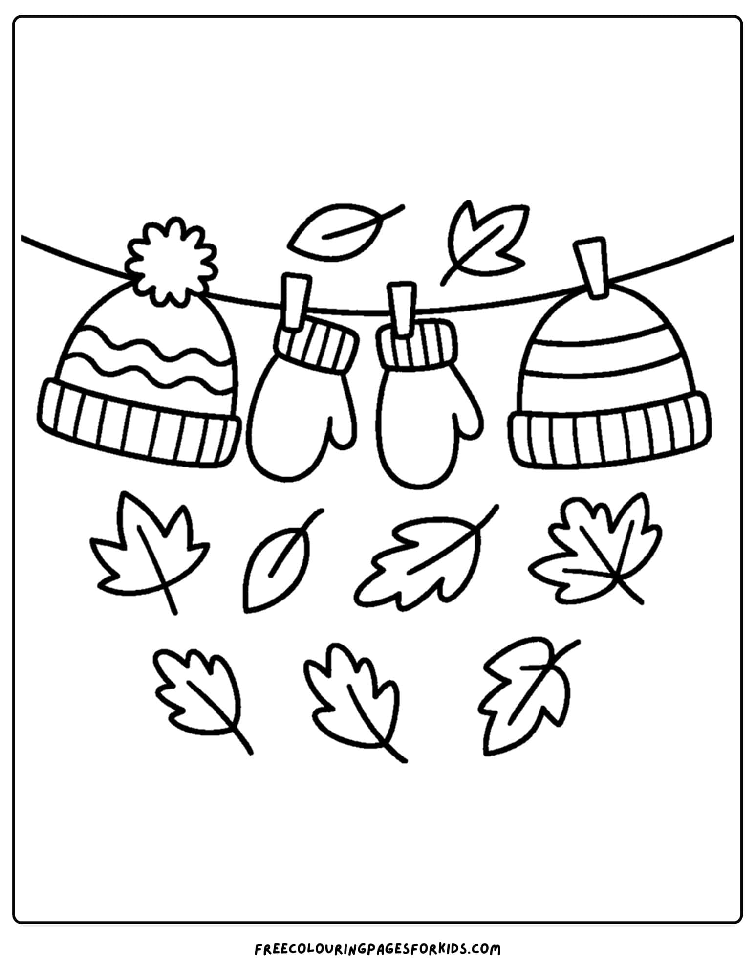 fall coloring page of a hats and mittens hanging on a laundry line