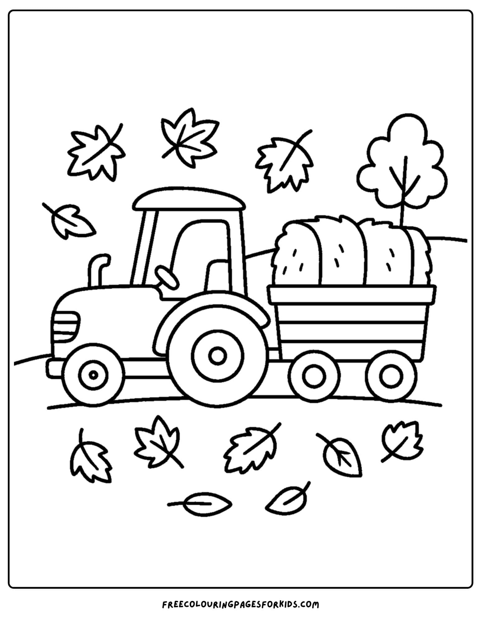fall coloring page of a tractor in a field towing a trailer