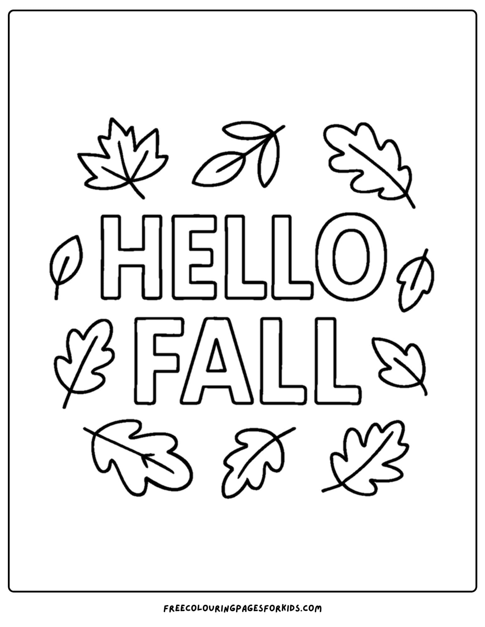 fall coloring page of a the words hello fall surrounded by leaves