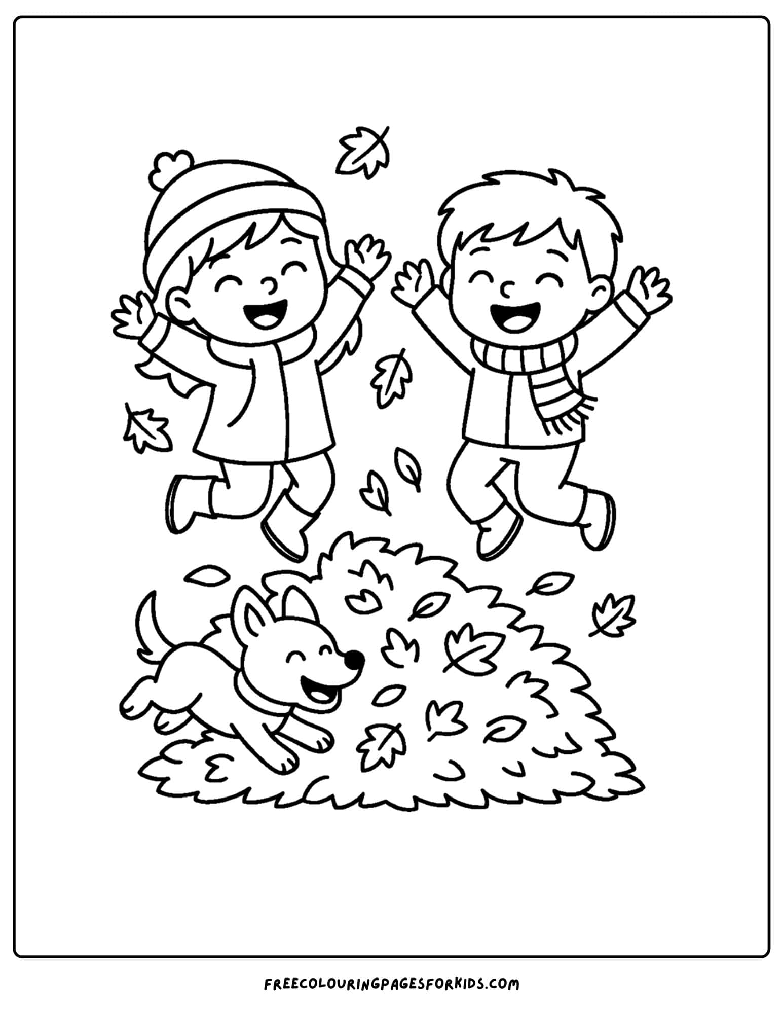 fall coloring page of a children jumping into a pile of leaves