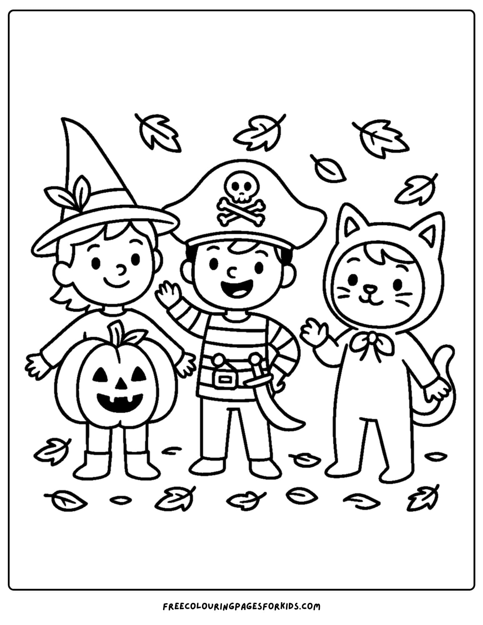 fall coloring page of a kids in halloween costumes