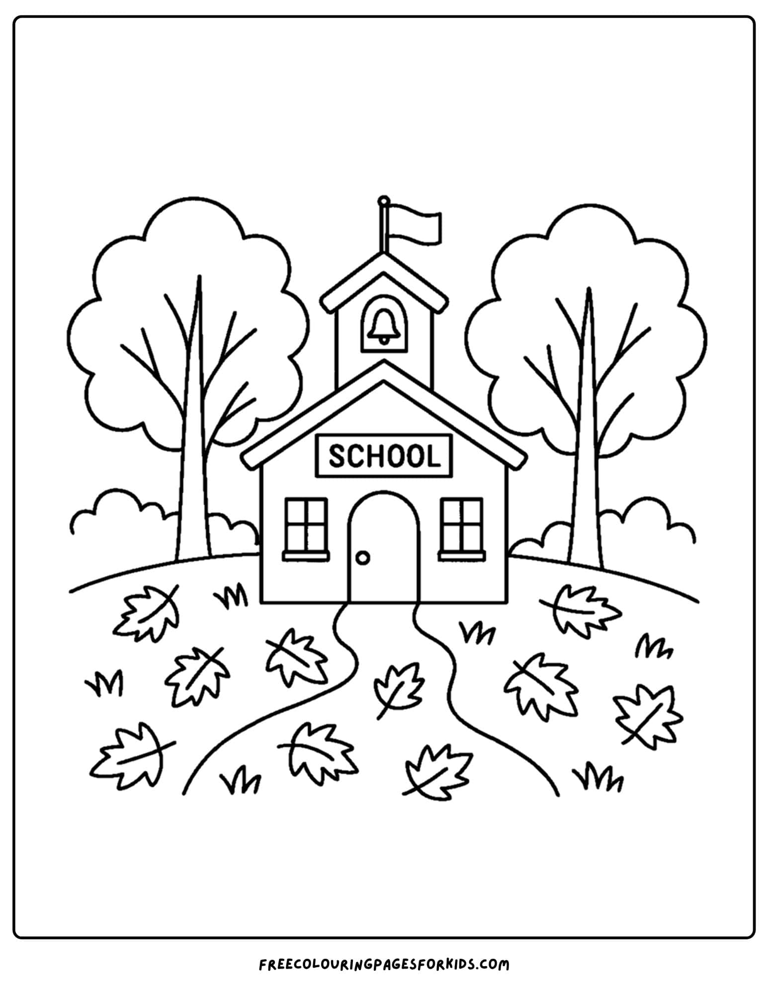 fall coloring page of a school building with leaves on the lawn