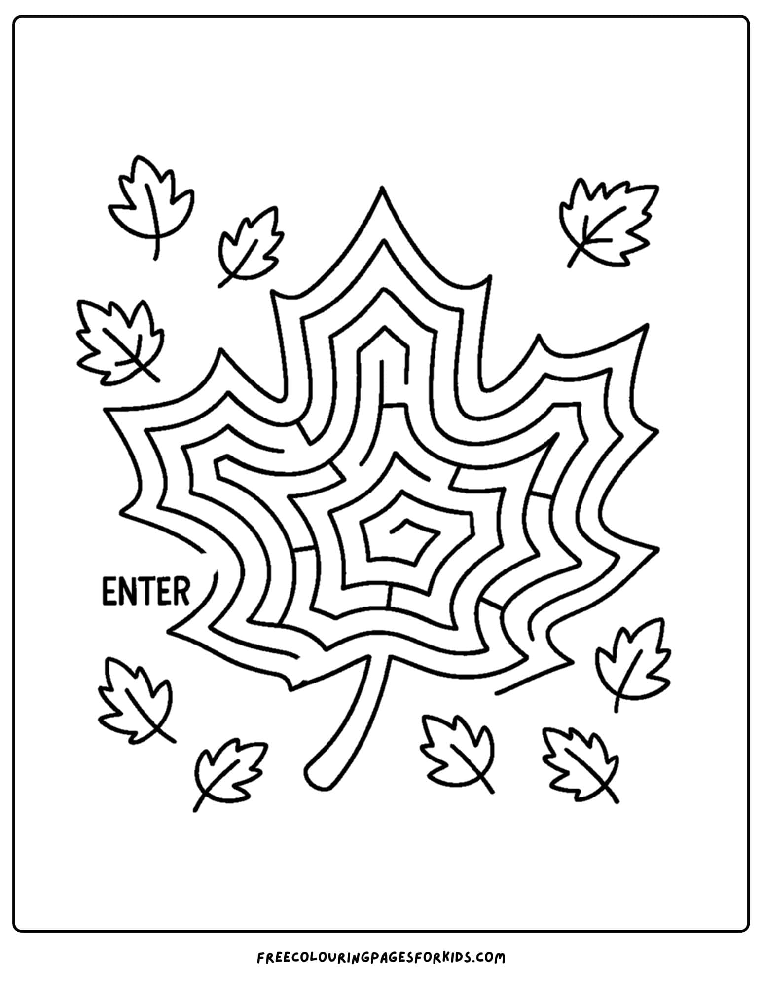 fall coloring page of a simple maple leaf maze