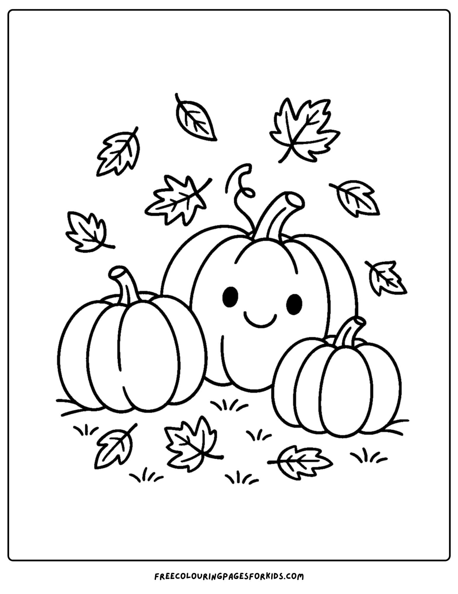fall coloring page of a pumpkin patch with fall leaves
