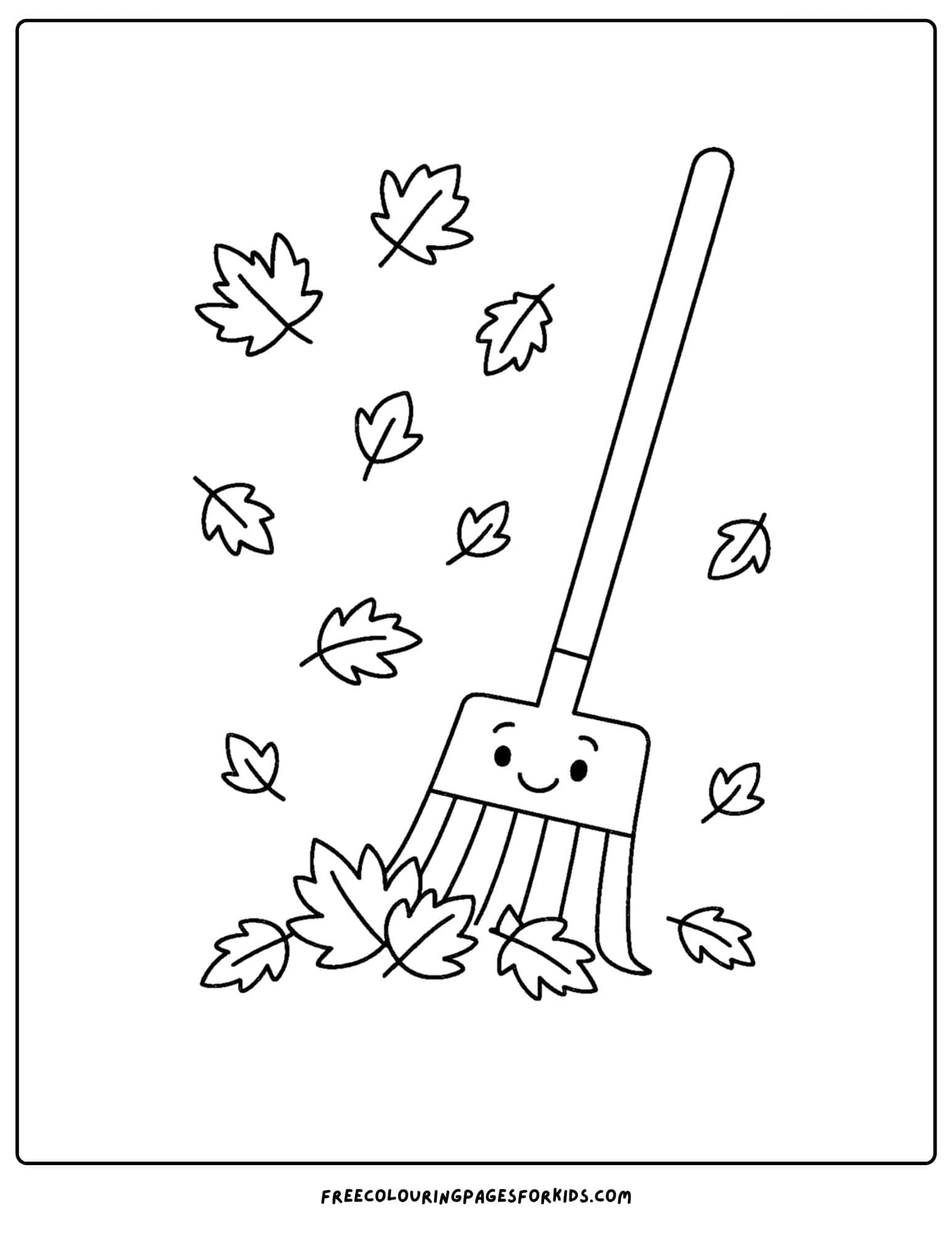 fall coloring page of a rake sweeping up fall leaves