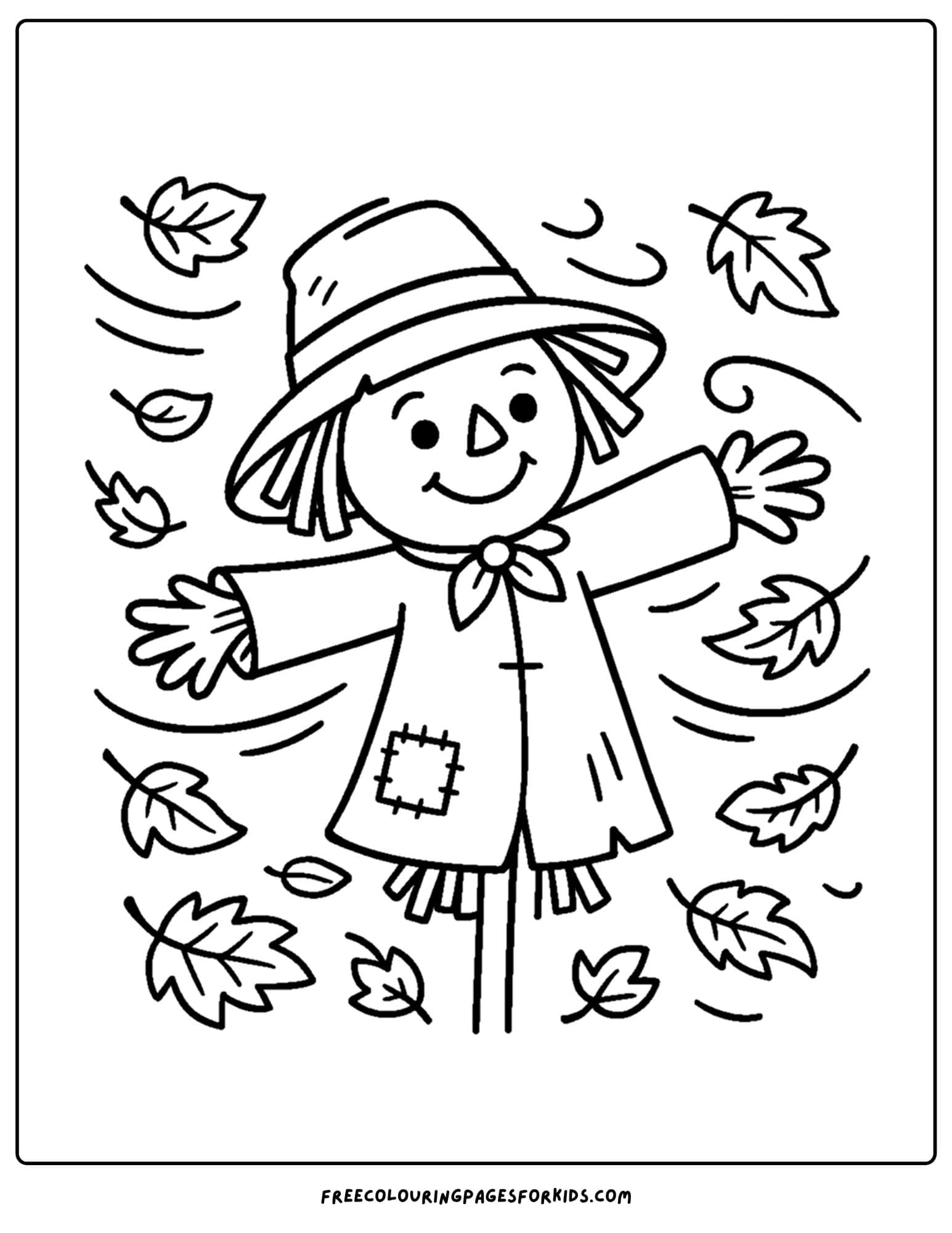 fall coloring page of a scarecrow surrounded by fall leaves
