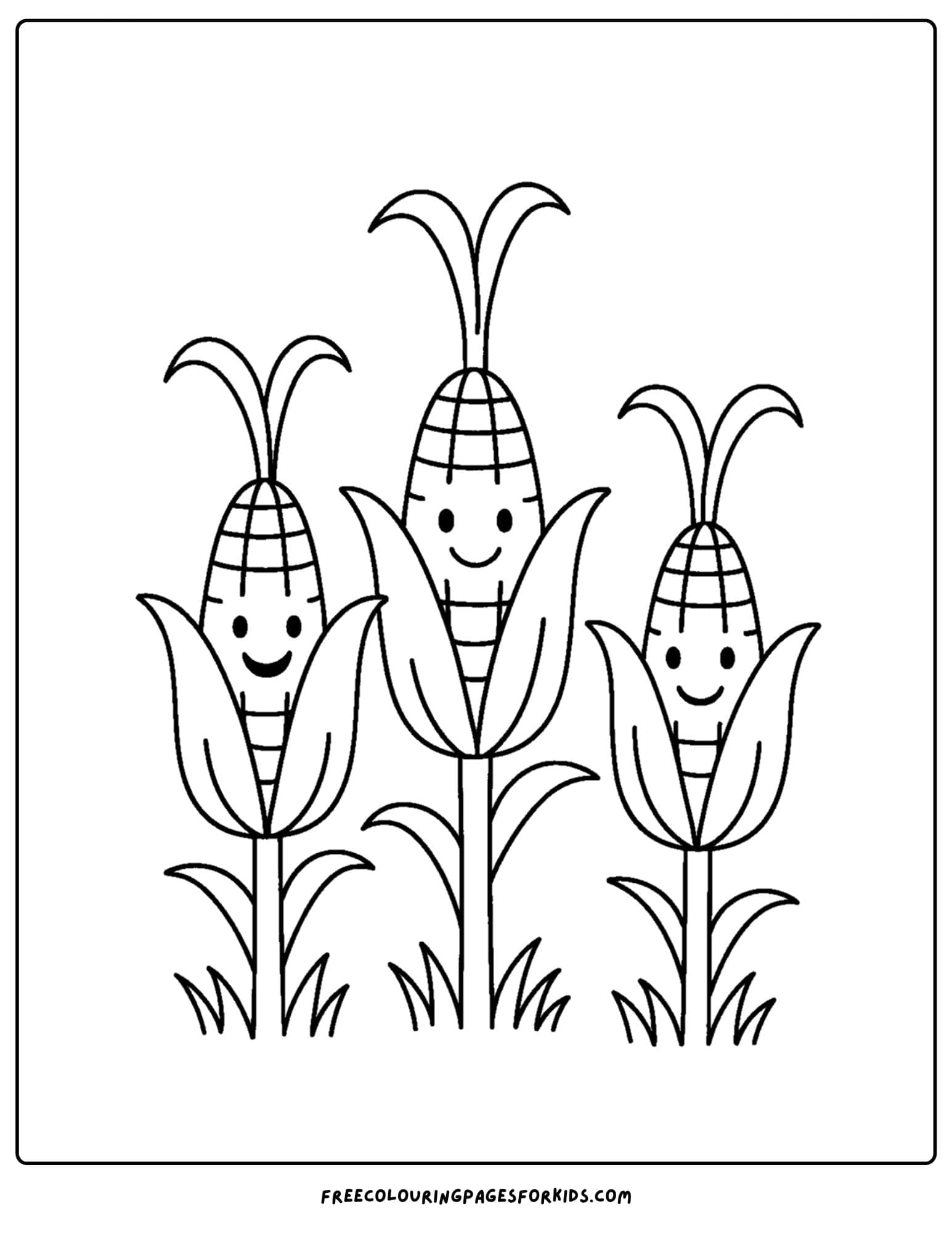 fall coloring page of a silly face corn stalks