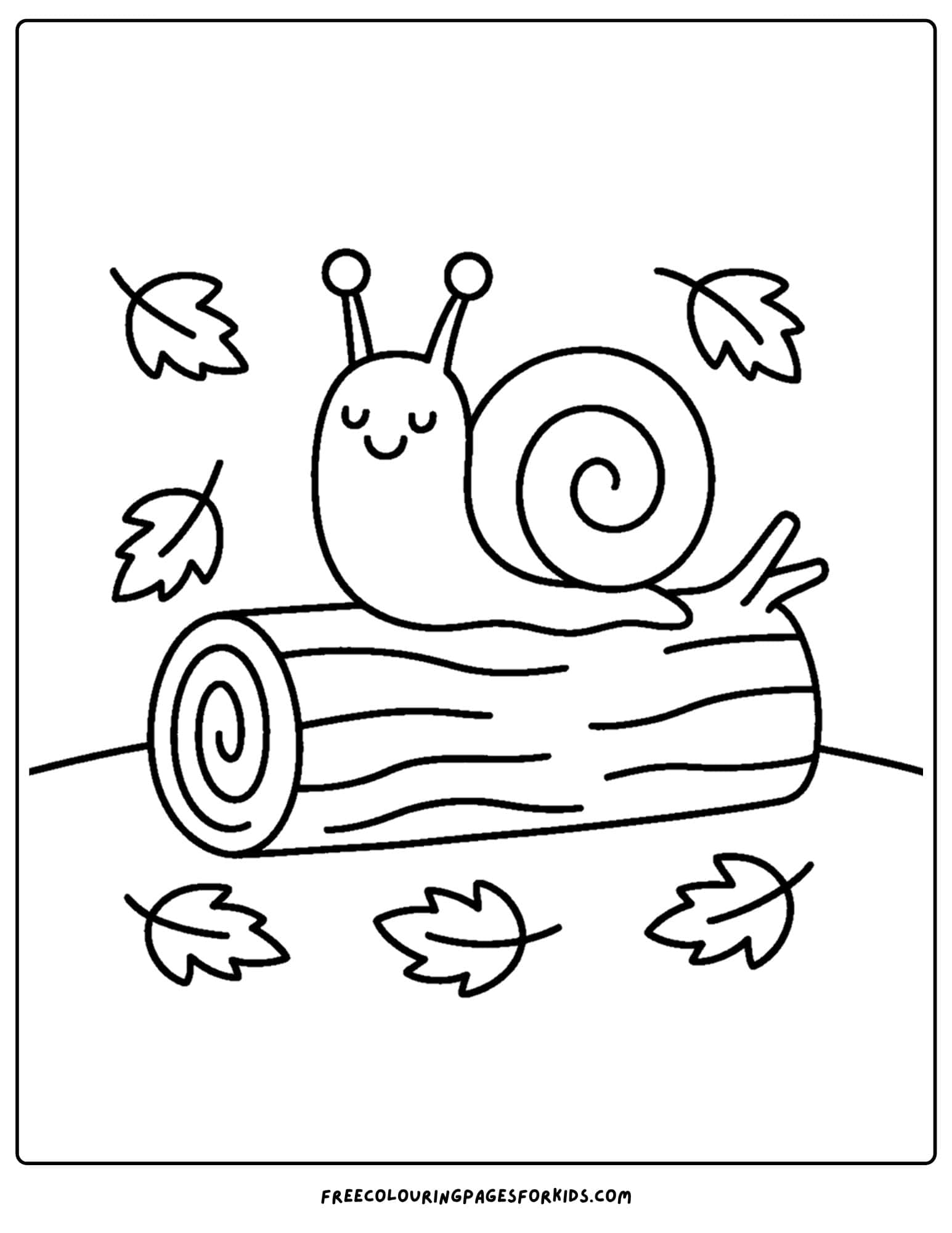 fall coloring page of a snail sitting on a log
