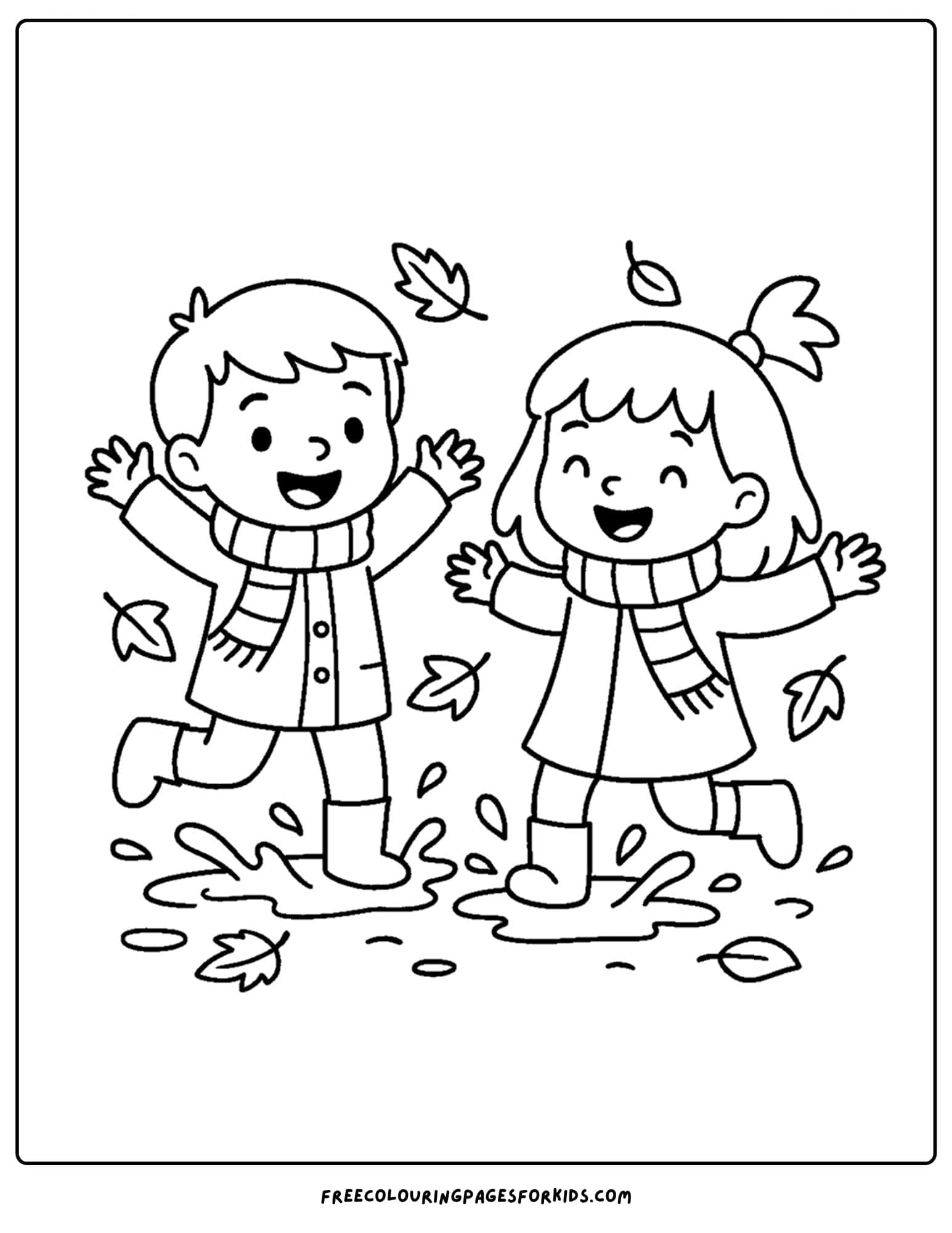 fall coloring page of a two children running through leaves