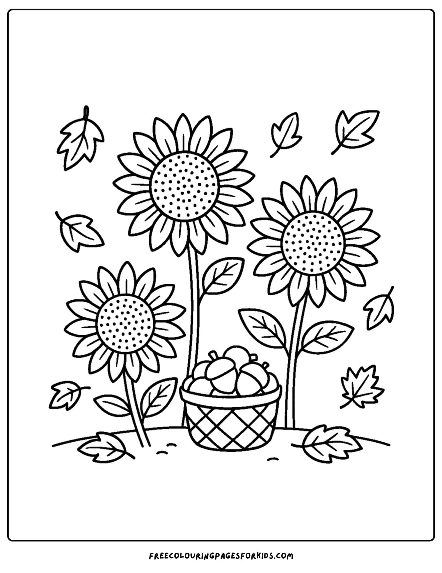 fall coloring page of a swaying sunflowers in the wind