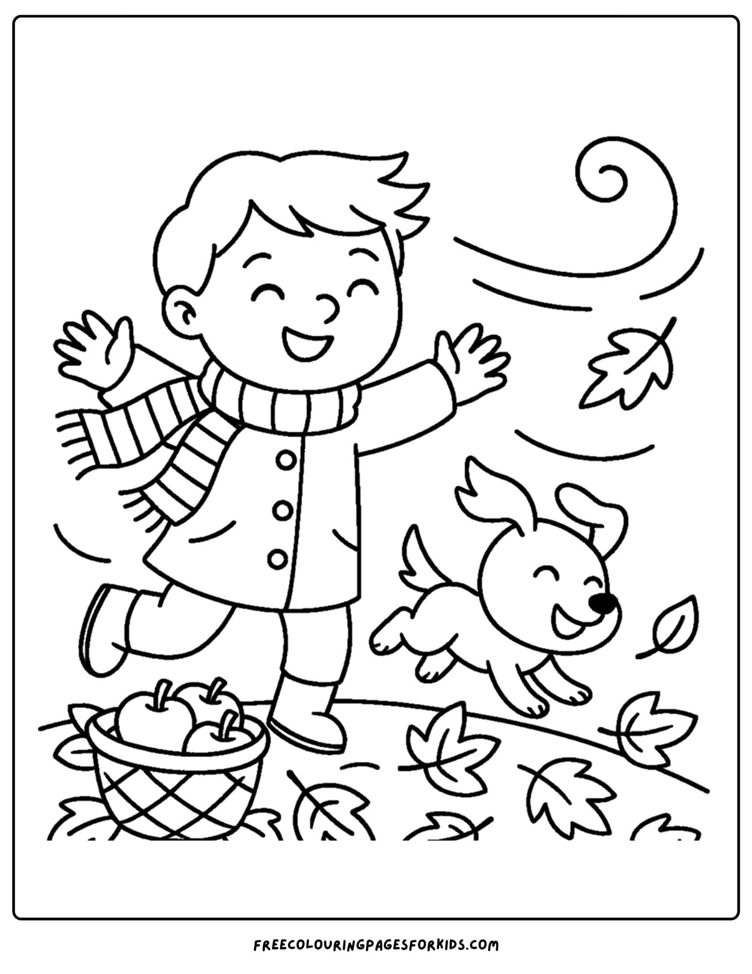 fall coloring page of a a child and dog running on a windy day through leaves