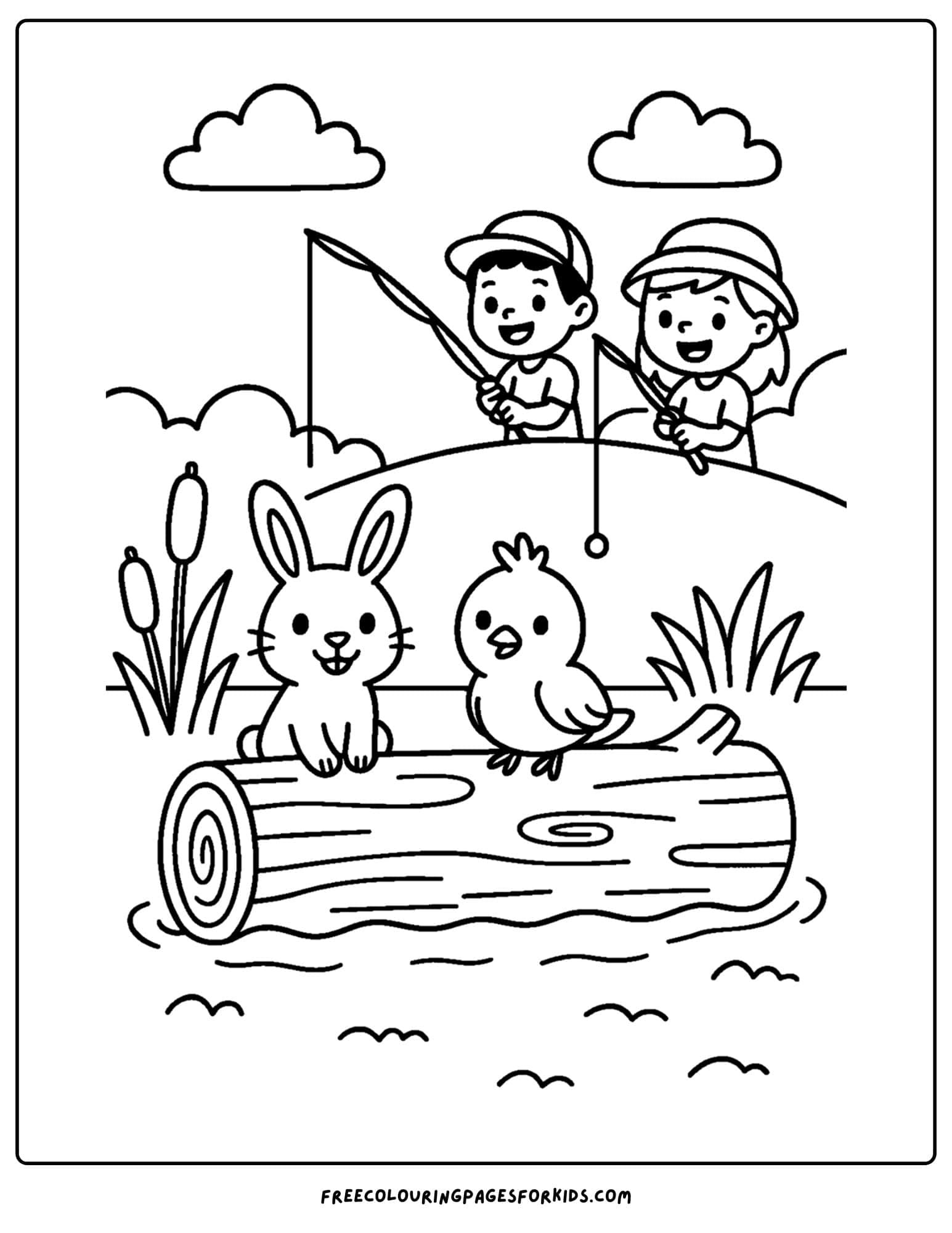 a fishing coloring page of kids watching animals on a log