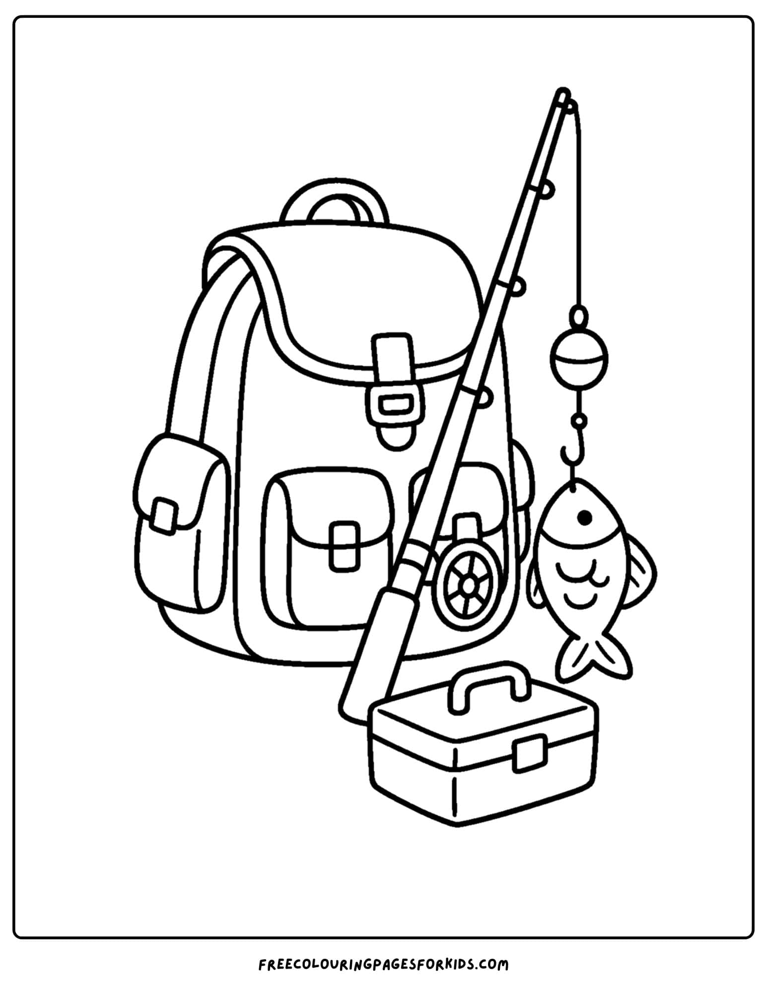 a fishing coloring page of a fishing backpack and gear