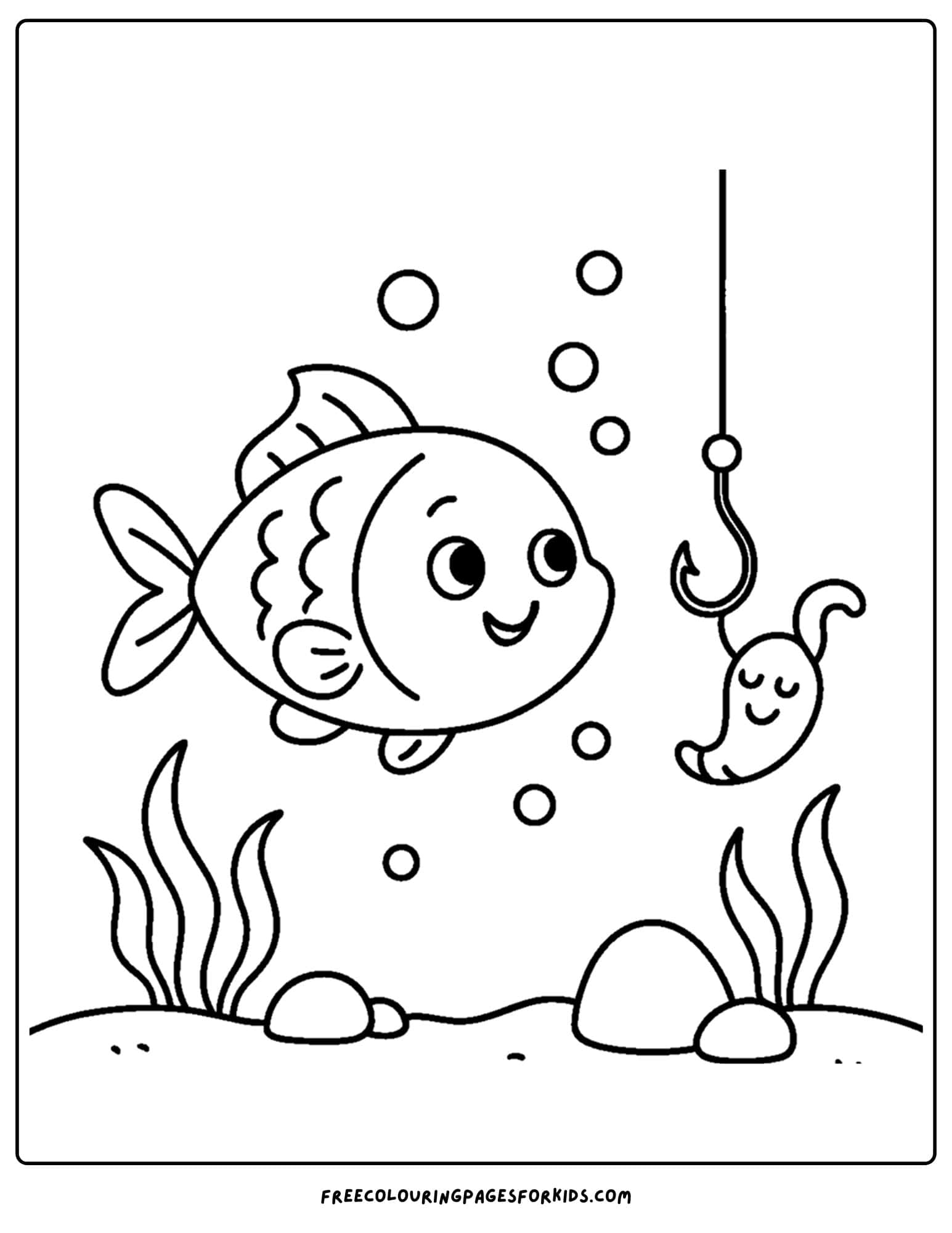 a fishing coloring page of a fish underwater looking at a fishing hook with bait