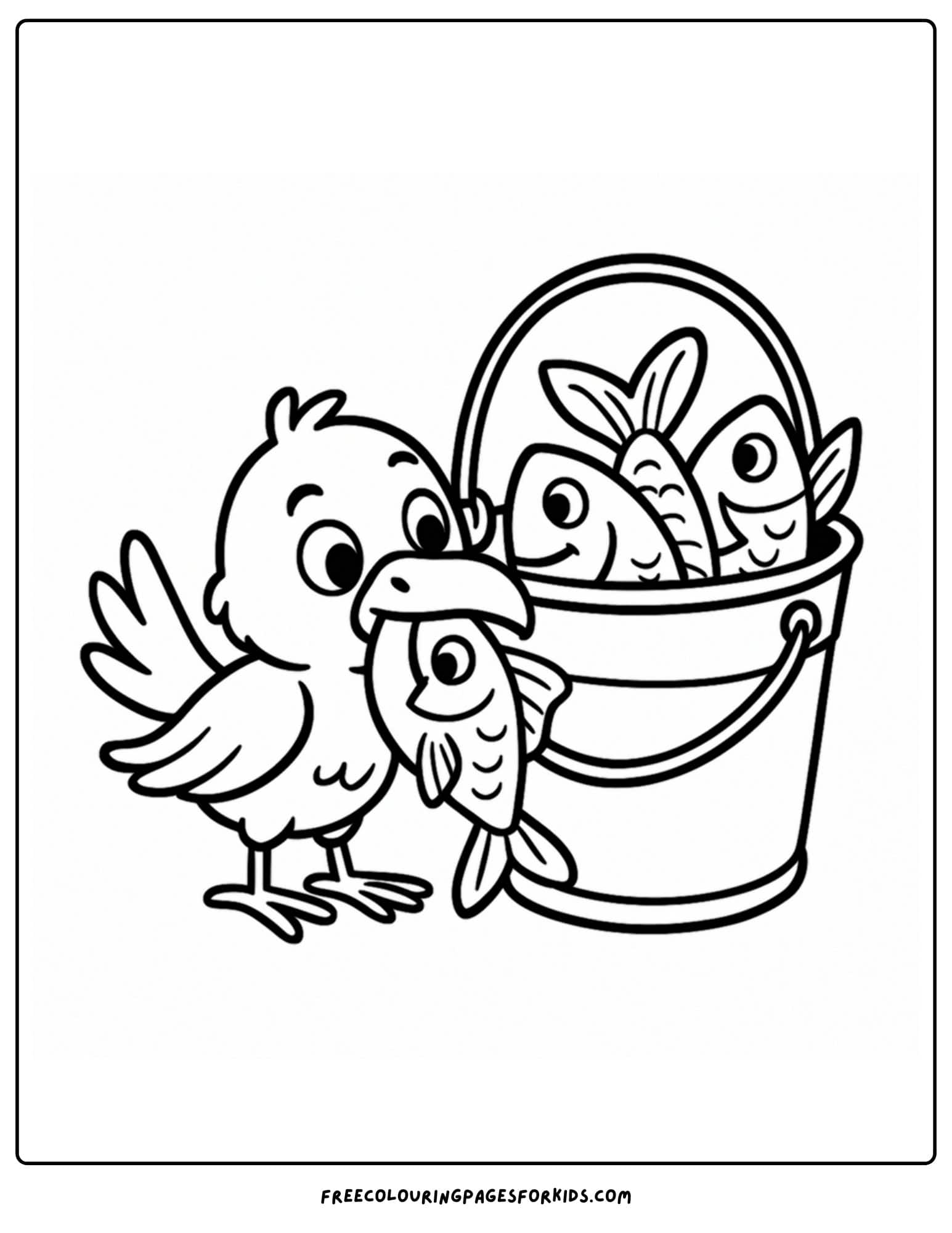a fishing coloring page of a bird stealing fish from a bucket