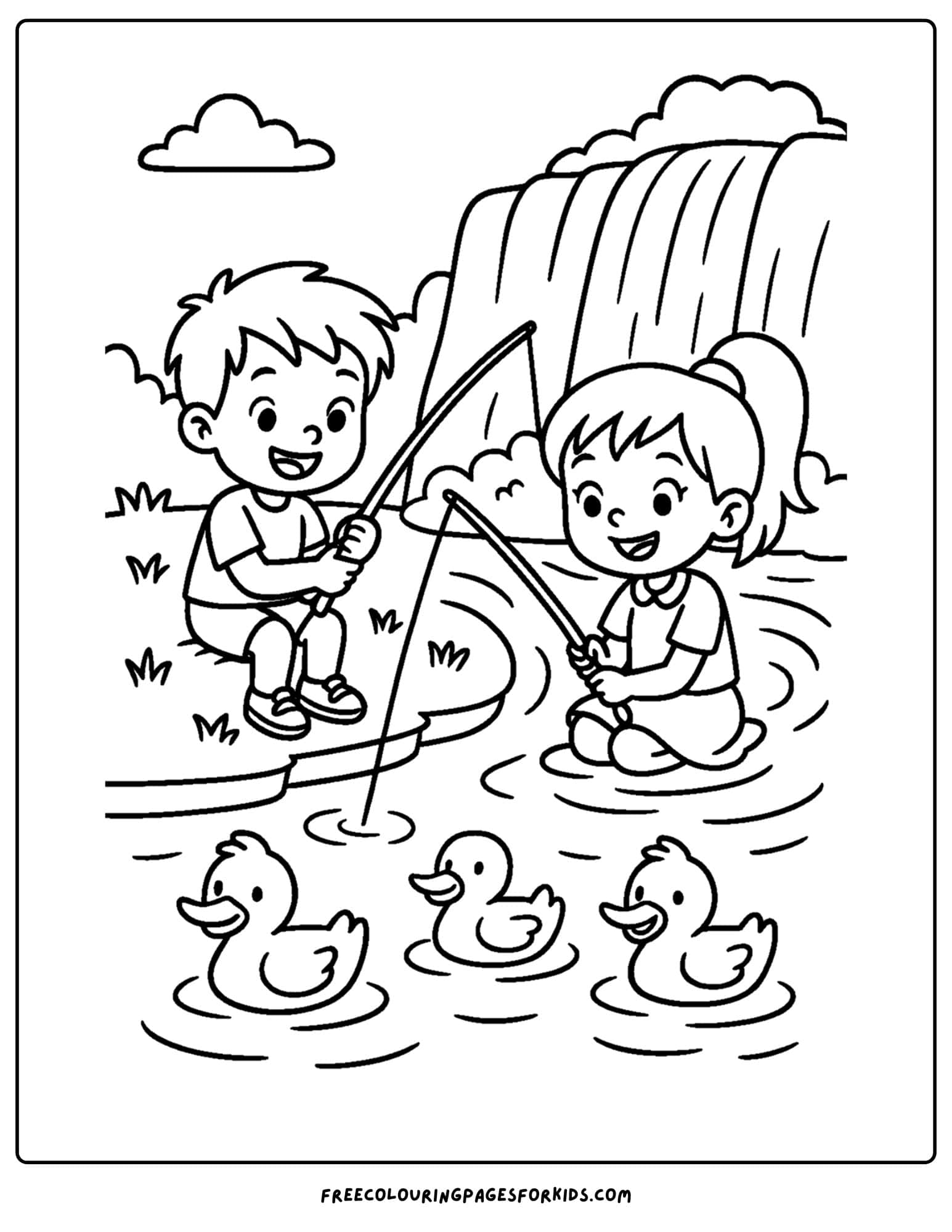a fishing coloring page of kids fishing by a waterfall