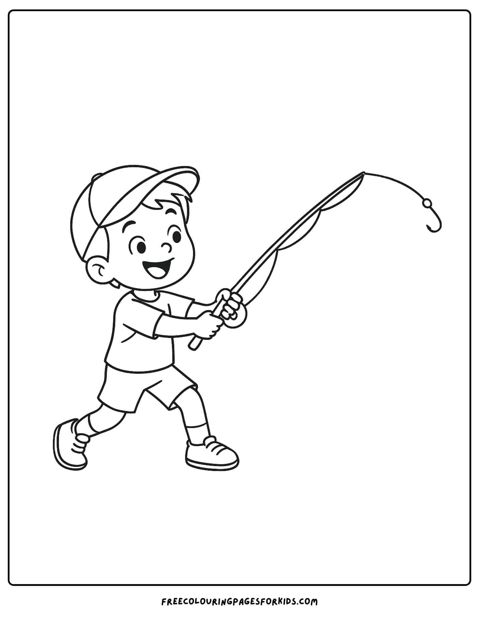 a fishing coloring page of a child casting out his line