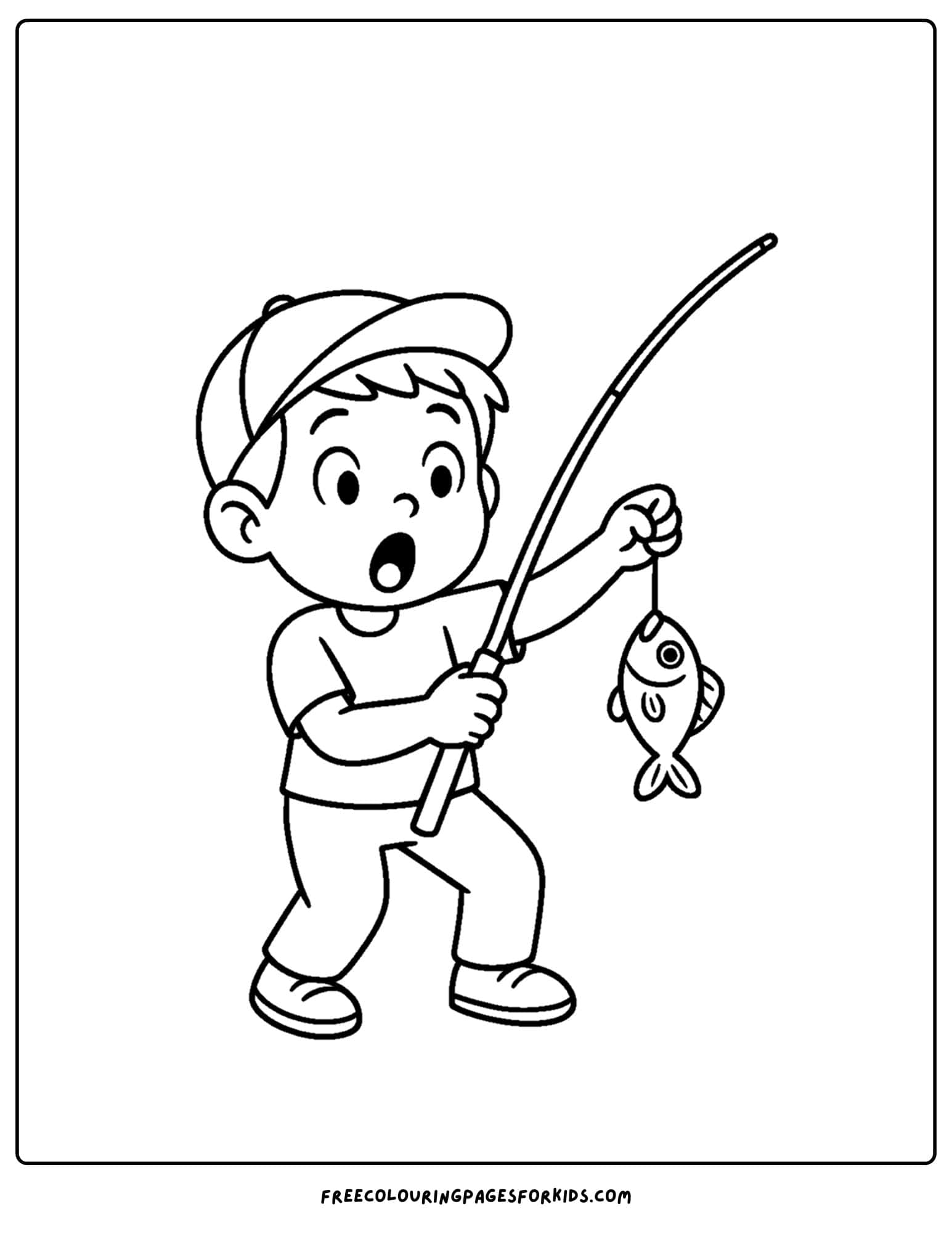 a fishing coloring page of child holding a fish he caught